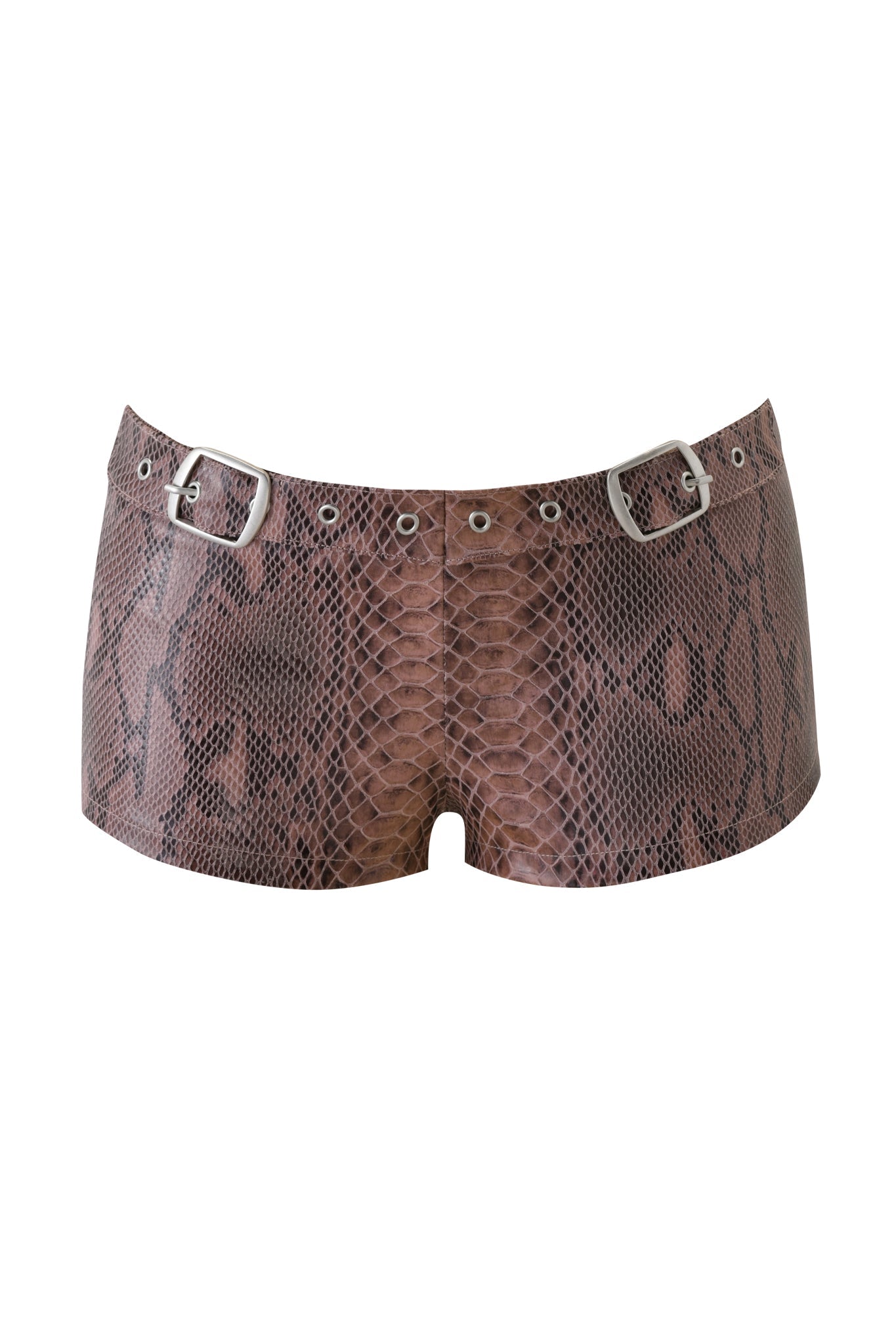 The CINNA SHORT - SNAKESKIN by I.AM.GIA features a brown faux snakeskin design with a high waist, metallic eyelets, and two silver buckles on the waistband. Its realistic reptile pattern and glossy finish complement micro mini skirt styles.