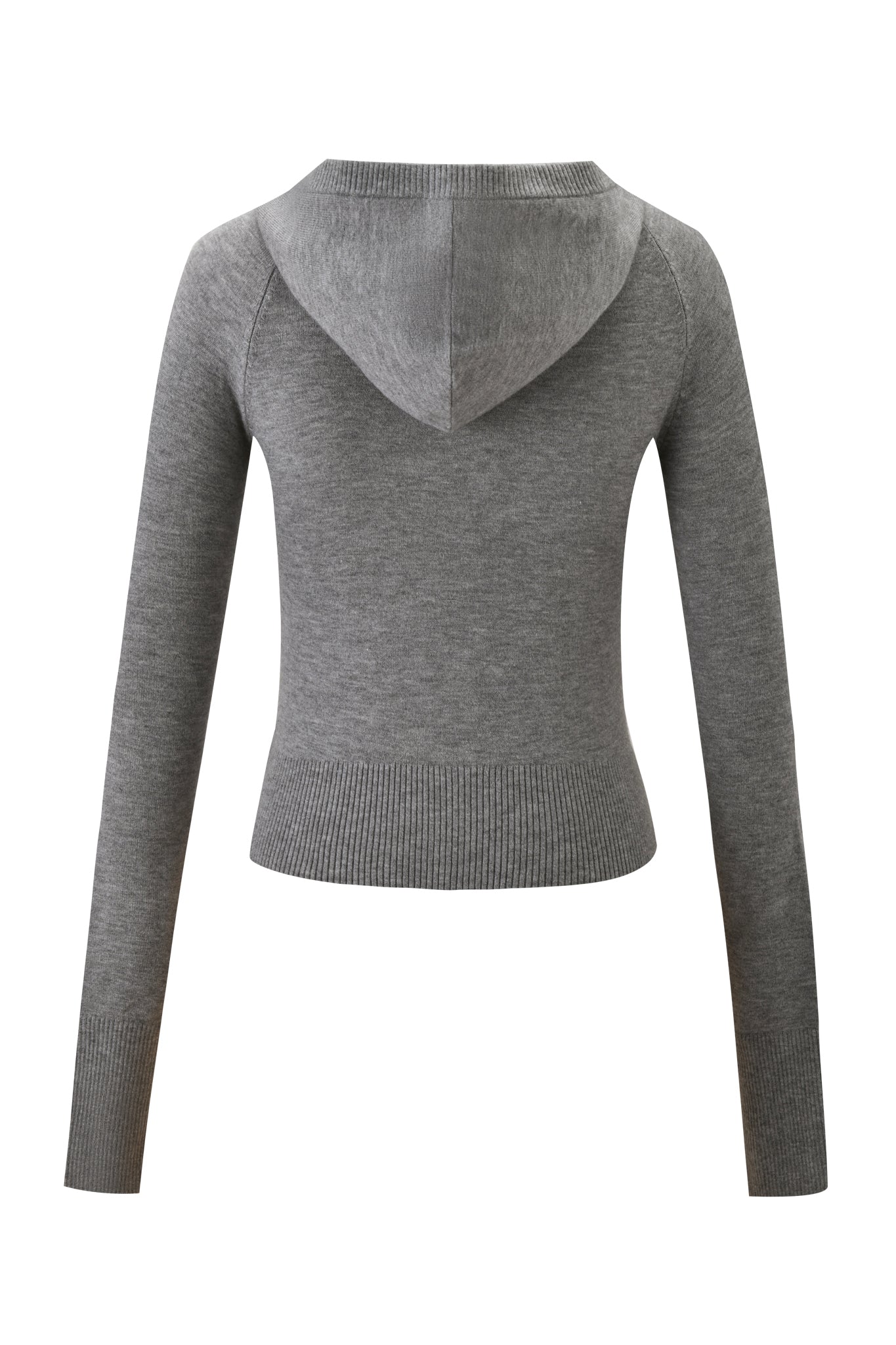 Back view of the I.AM.GIA JESSA HOODIE in grey—a fitted, long-sleeve, soft knit sweater with ribbed cuffs and hem—shown on a plain white background.