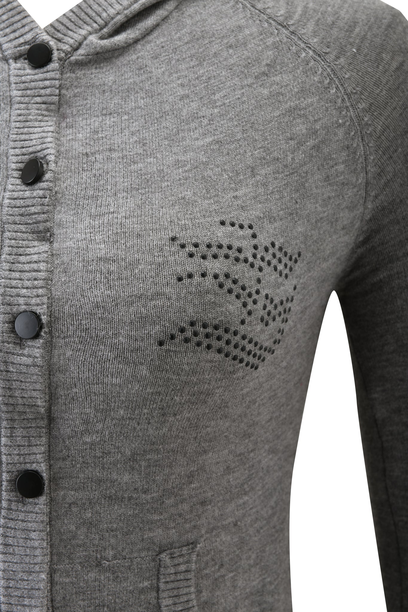 Close-up of the JESSA HOODIE - GREY by I.AM.GIA, showcasing its charcoal knit fabric, black buttons, pocket, and black beaded chest detail. The image focuses on the upper body section of this stylish hoodie.