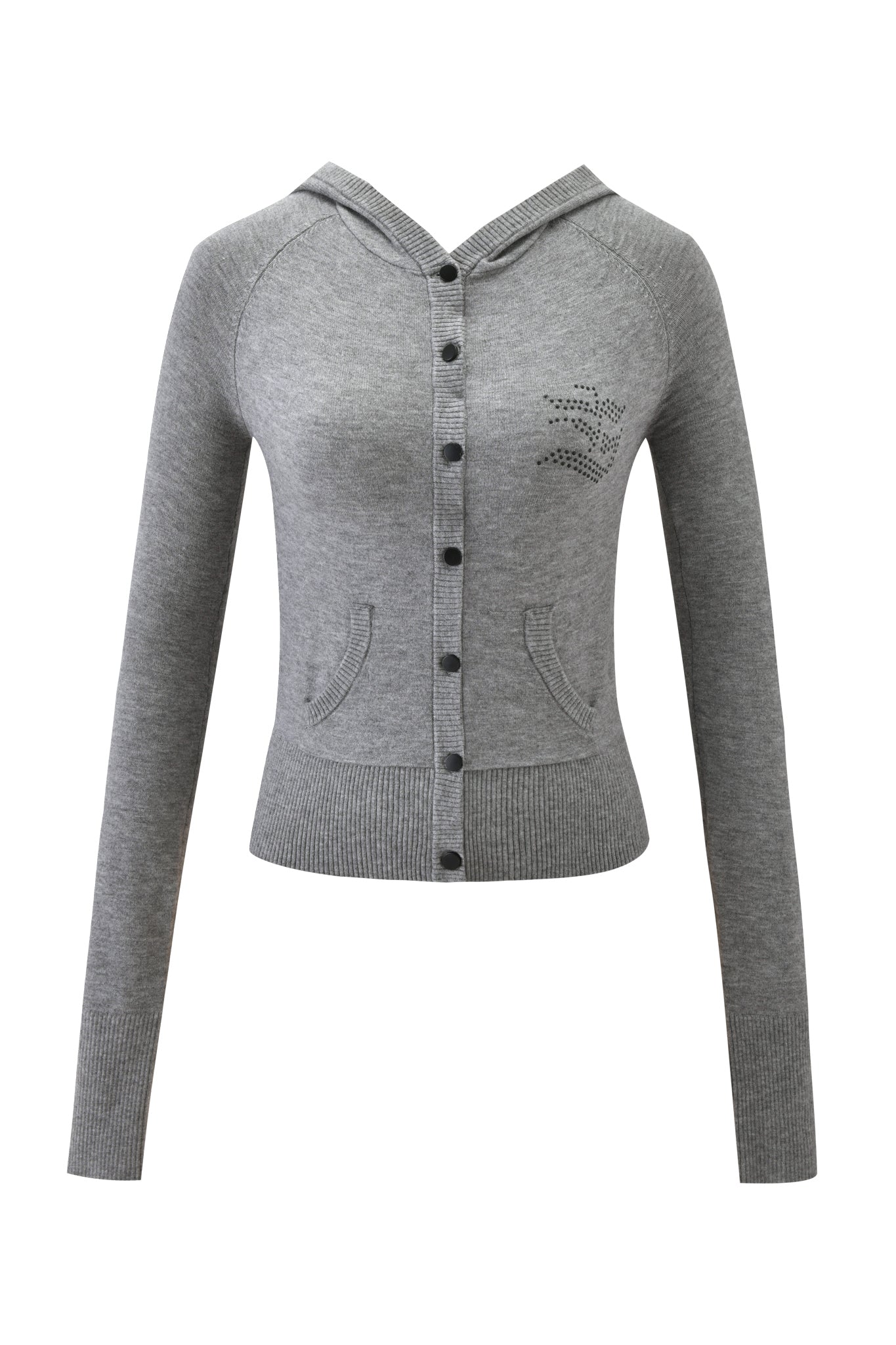 The I.AM.GIA JESSA HOODIE in grey is a long-sleeve, button-up style with two front pockets, a subtle pattern on the left chest, and soft knit fabric with ribbed cuffs and hem for a fitted look.