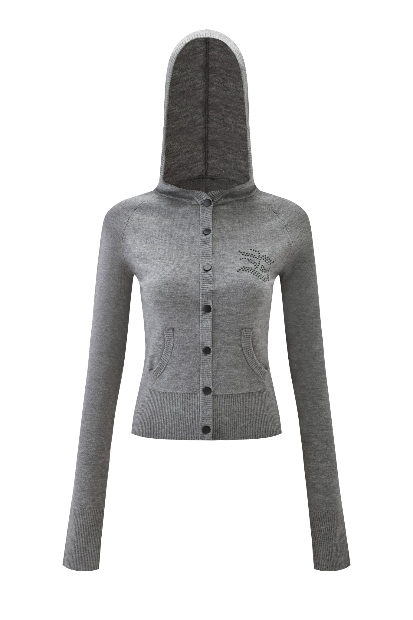 The I.AM.GIA JESSA HOODIE in grey features a knit fabric, long sleeves, front pockets, and a fitted design with subtle embellishment on the upper left chest. Shown on a white background.