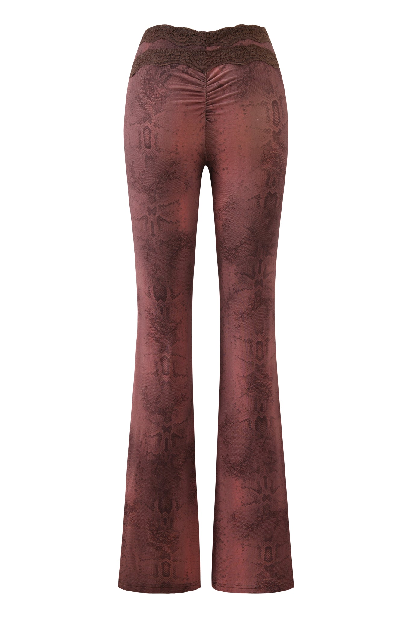 The I.AM.GIA BEAU PANT - BROWN features a high waist, flared leg, brown and red snakeskin print, ruched back seam, and lace-trimmed waistband, shown from the back against a white background.