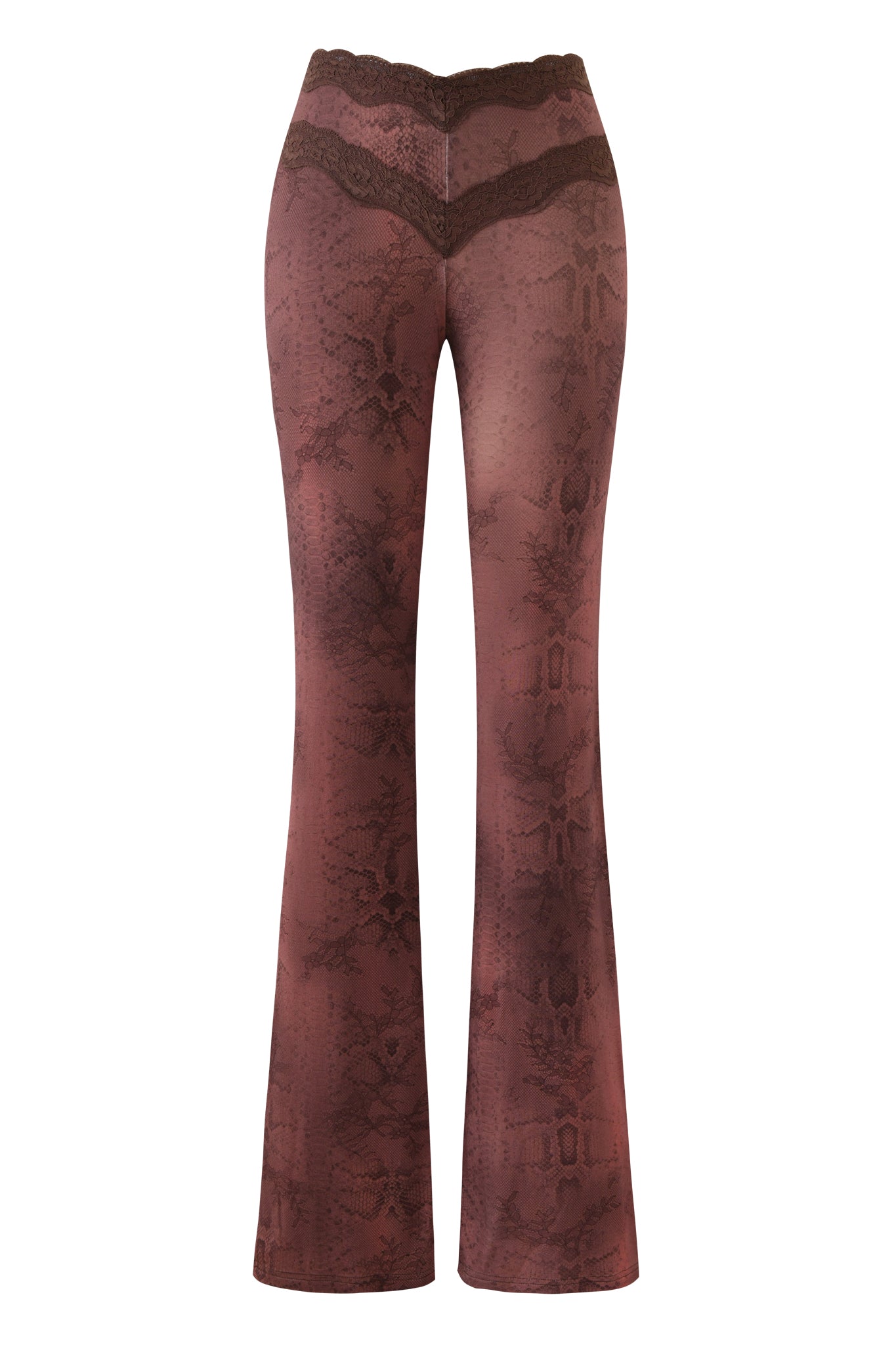 The BEAU PANT by I.AM.GIA is a high-waisted, flared lounge pant in brown, featuring a subtle snakeskin print and decorative lace trim at the waistband and hips.