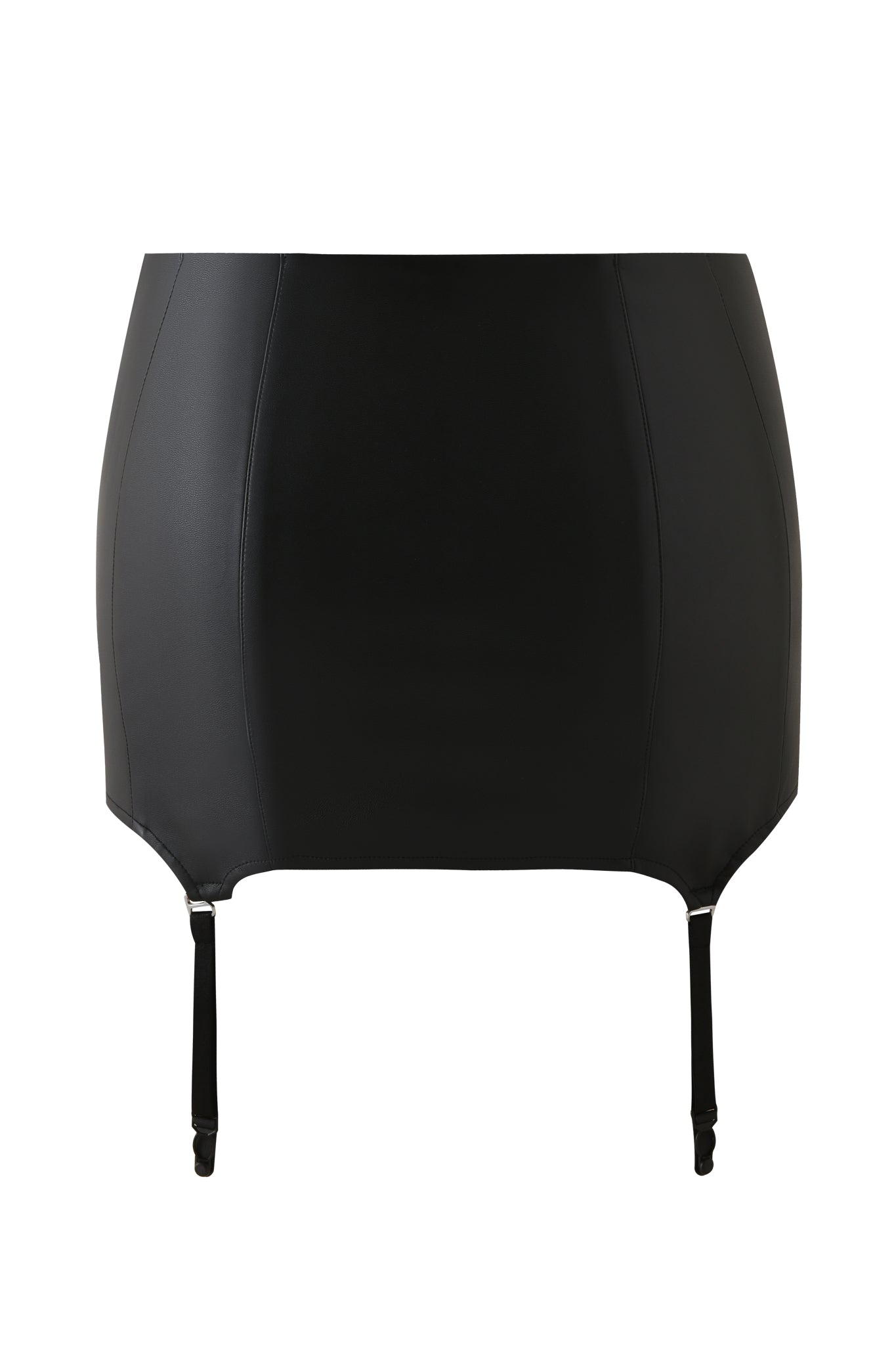 The SIBARI MINI SKIRT - BLACK by I.AM.GIA features a fitted faux leather silhouette and two adjustable front garter straps for a bold statement look.