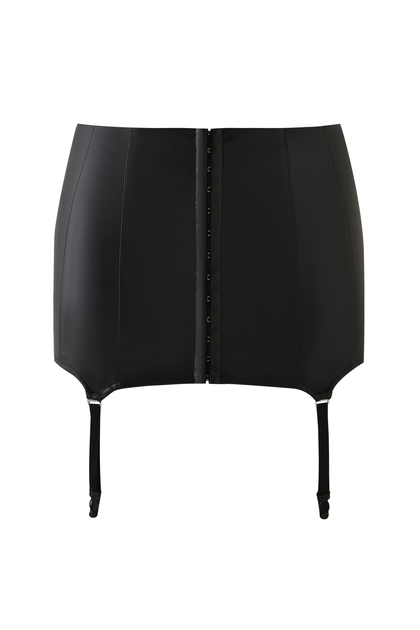 The SIBARI MINI SKIRT - BLACK by I.AM.GIA is a black faux leather mini skirt in a garter style, featuring front hook-and-eye closures and two adjustable garter straps. Photographed on a white background.