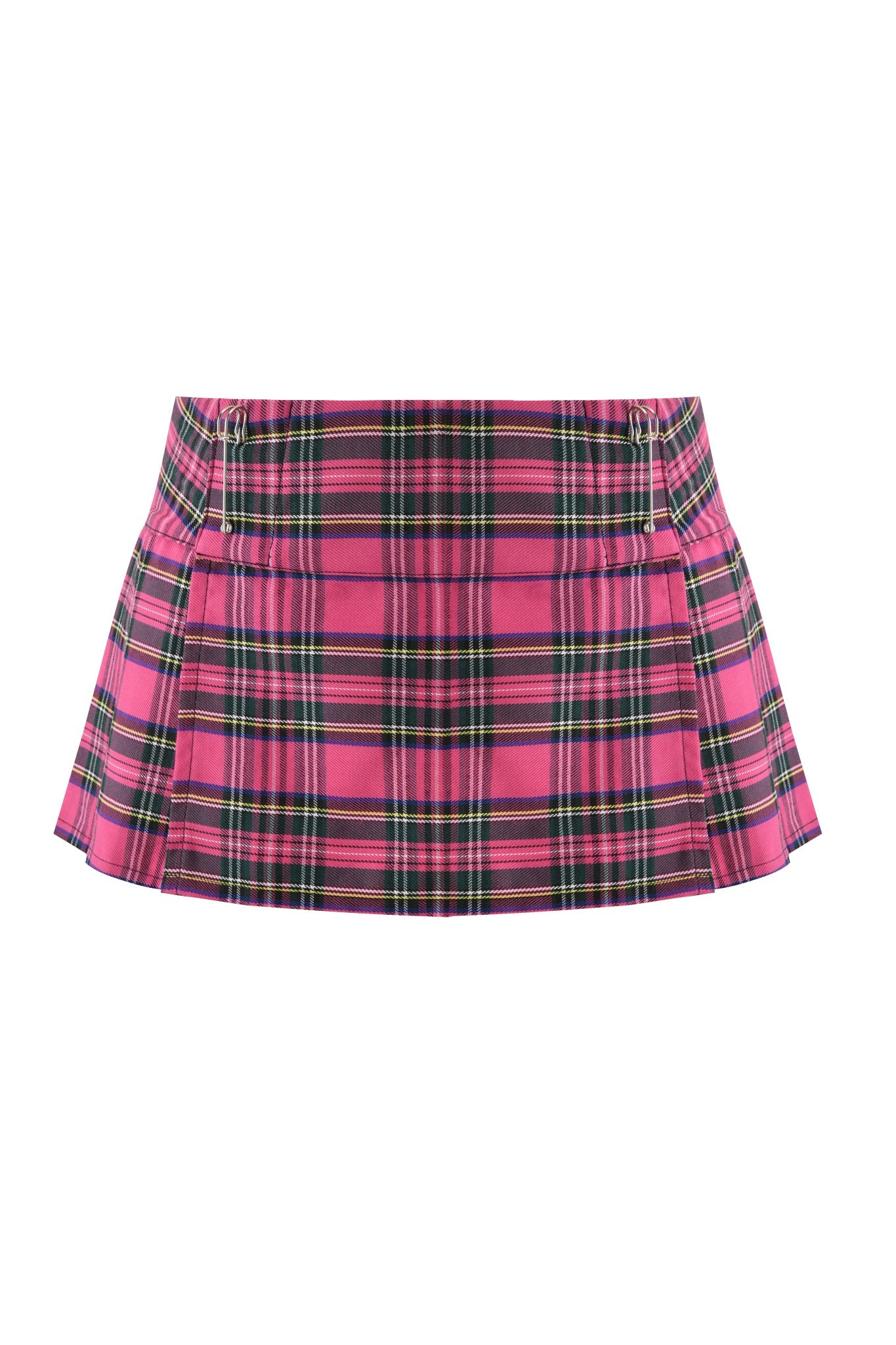 The I.AM.GIA KITTEN MINI SKIRT in pink plaid features pleats and two small silver buckles on the waistband, shown against a white background.
