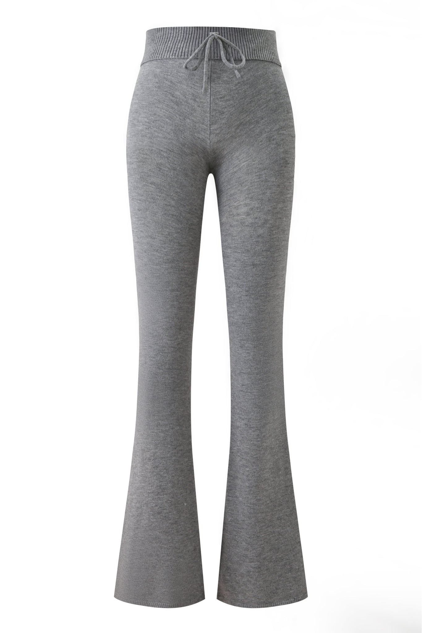 The JESSA PANT - GREY by I.AM.GIA features a high-waisted knit design in charcoal grey, with a ribbed waistband, drawstring tie, and flared legs, shown on a white background.
