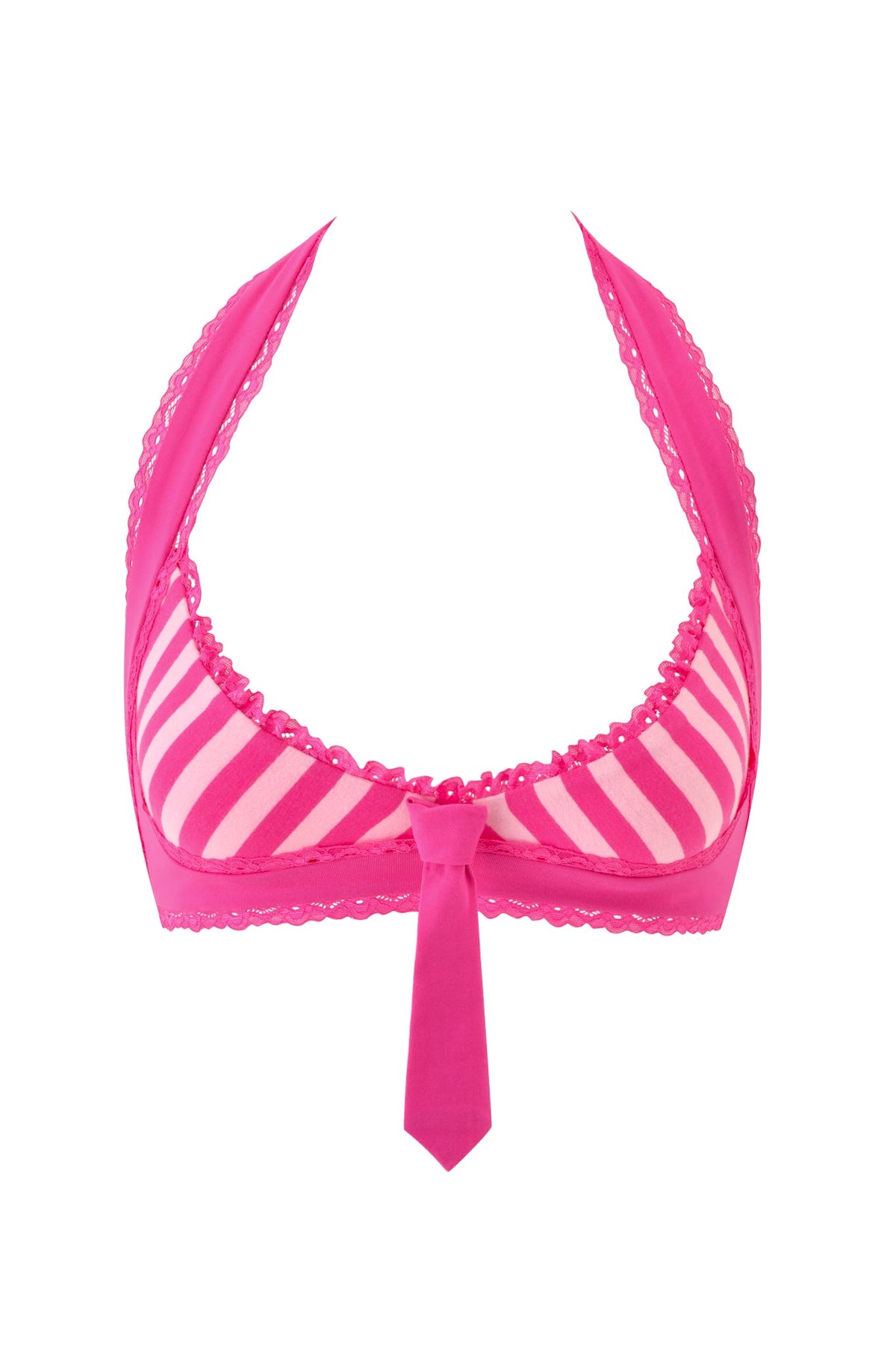 The MARINA TOP - PINK by I.AM.GIA features playful pink and light pink stripes, lace trim, and a delicate pink necktie detail at the center, styled like a formal collar and tie—ideal for channeling a flirty sailor-inspired look.