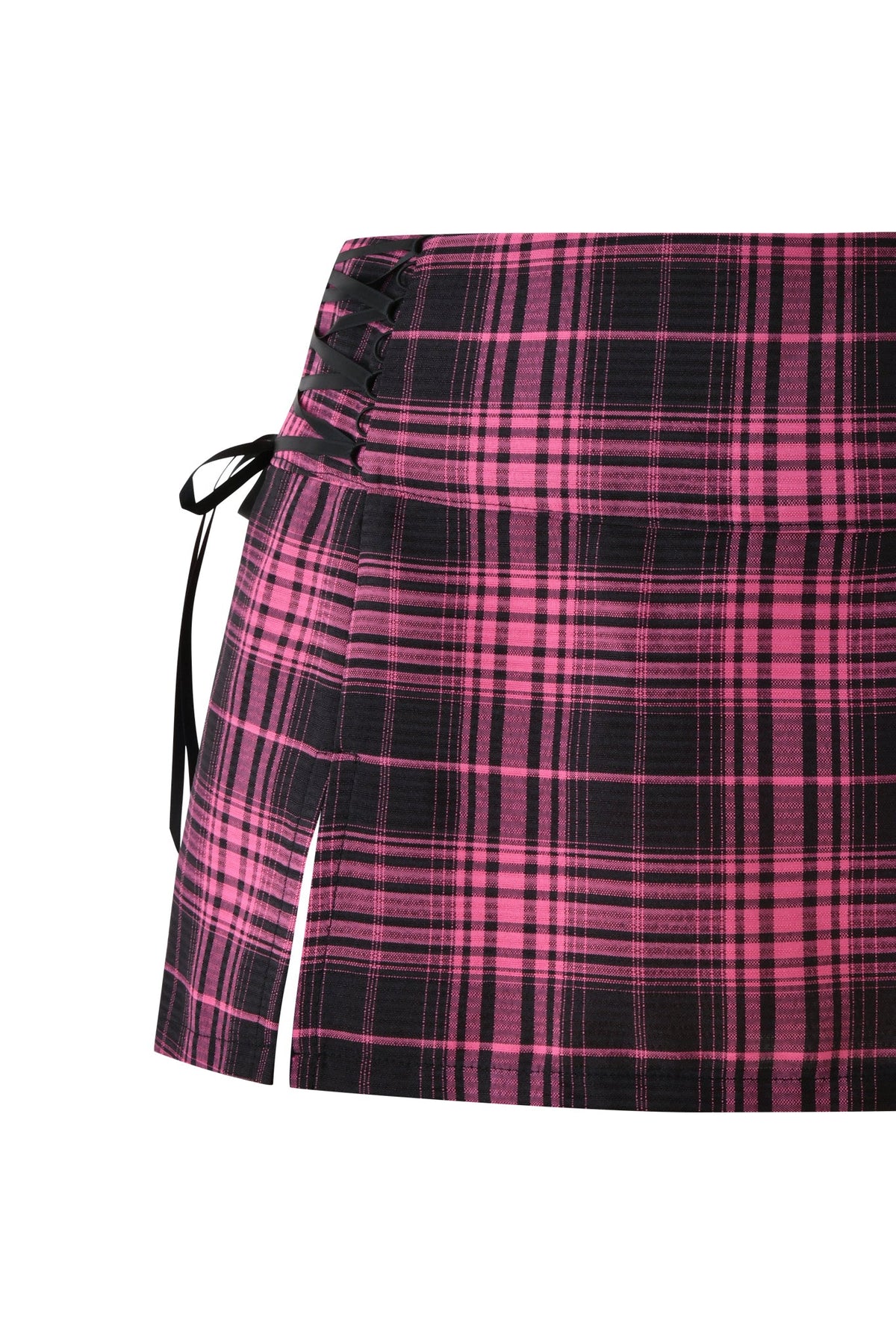 The SOFI MINI SKIRT - PINK PLAID by I.AM.GIA is a vintage-inspired hot pink plaid mini skirt, featuring a front slit and black lace-up side detail that adds a playful edge to your wardrobe.