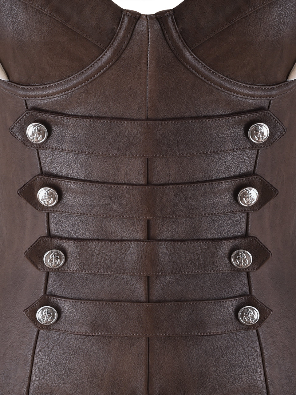 Close-up of the OCEANA CORSET SET - BROWN by I.AM.GIA featuring rich brown leather with horizontal straps and six silver decorative buttons arrayed in two vertical rows, evoking a vintage-washed bustier—an eye-catching piece ideal for a sexy pirate-inspired costume.