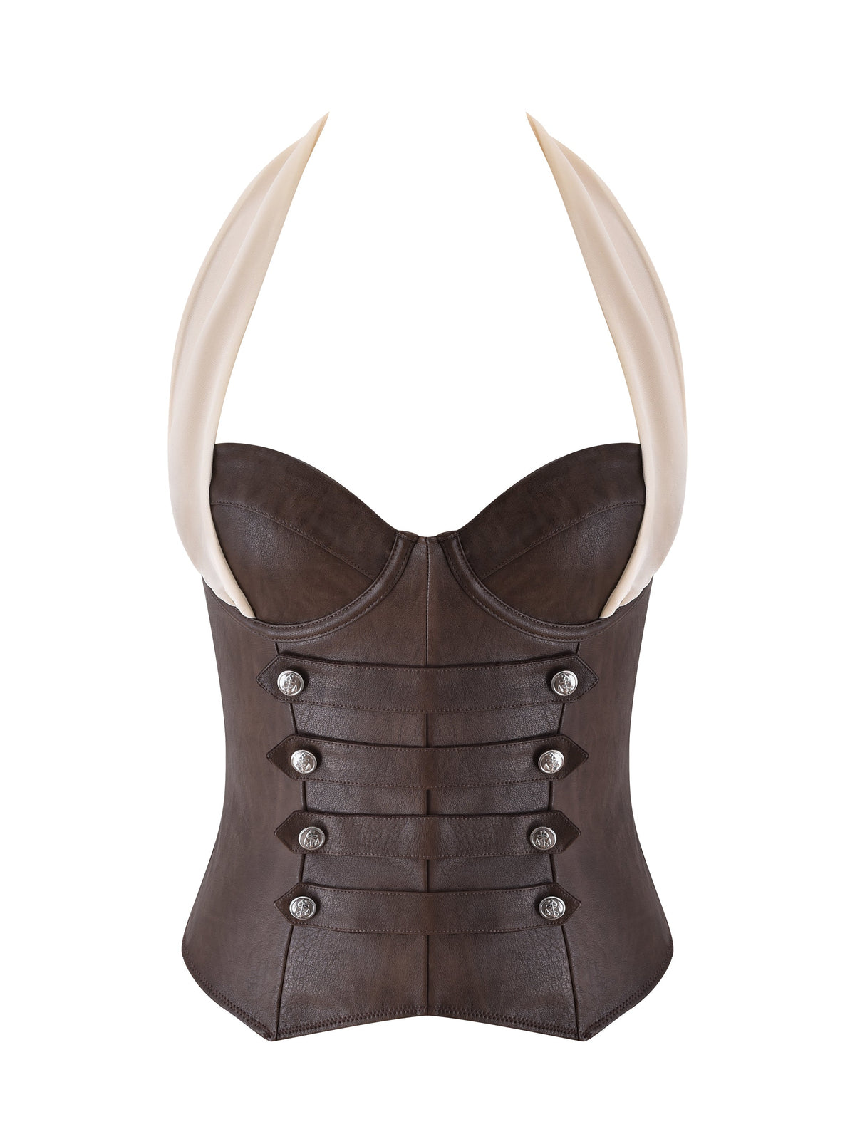 The OCEANA CORSET SET - BROWN by I.AM.GIA features rich brown leather with silver button accents and cream-colored halter straps, showcasing structured panels and decorative horizontal bands on the front—ideal for pairing with a flouncy mini skirt for a bold pirate-inspired costume or wearing as a statement vintage-washed bustier.