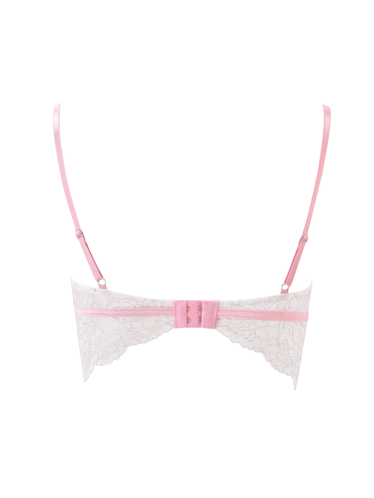 Back view of the I.AM.GIA BUNNY LINGERIE SET - WHITE PINK, showcasing a vintage-inspired white lace bra with pink adjustable straps and a matching pink hook-and-eye closure, displayed against a plain white background.