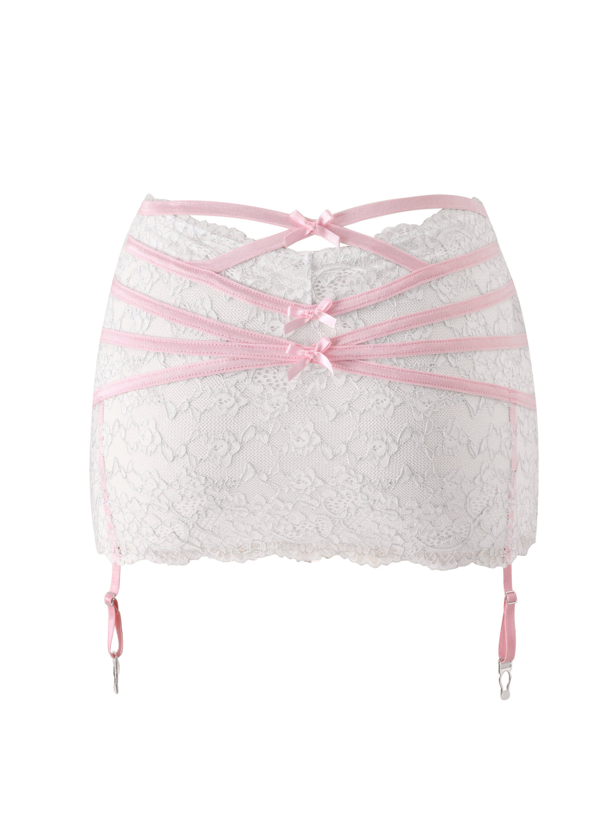 Discover the BUNNY LINGERIE SET - WHITE PINK by I.AM.GIA: a white lace garter belt adorned with pink ribbon straps and small pink bows, finished with adjustable garter clips for the perfect fit—ideal for pairing with a micro mini lace skirt or enhancing your vintage-inspired lingerie collection with a romantic touch.