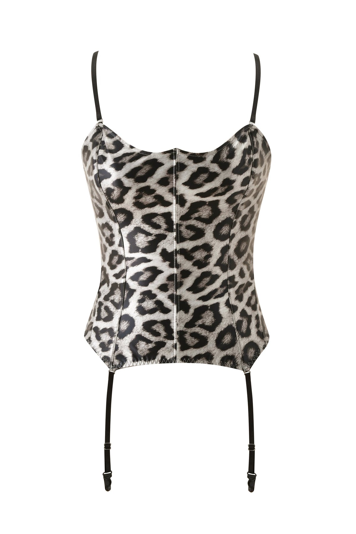 The SABRE CORSET - SNOW LEOPARD by I.AM.GIA features a leopard print bodycon design with thin black straps and two black garter attachments hanging down, displayed against a white background.