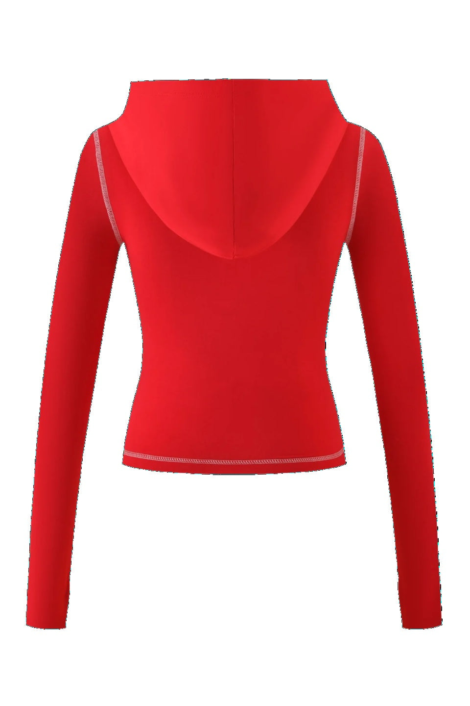 The I.AM.GIA X SEXYY RED BLARE HOODIE in bright red has long sleeves, white stitching details, and a cropped fit. Shown from the back against a plain white background.