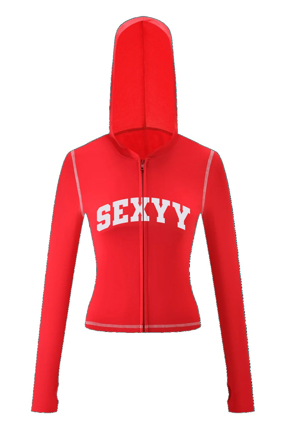 The I.AM.GIA X SEXYY RED BLARE HOODIE - RED features long sleeves, a zip-up front, hood, and bold white "SEXYY" lettering across the chest—part of the exclusive collaboration with SEXYY RED.