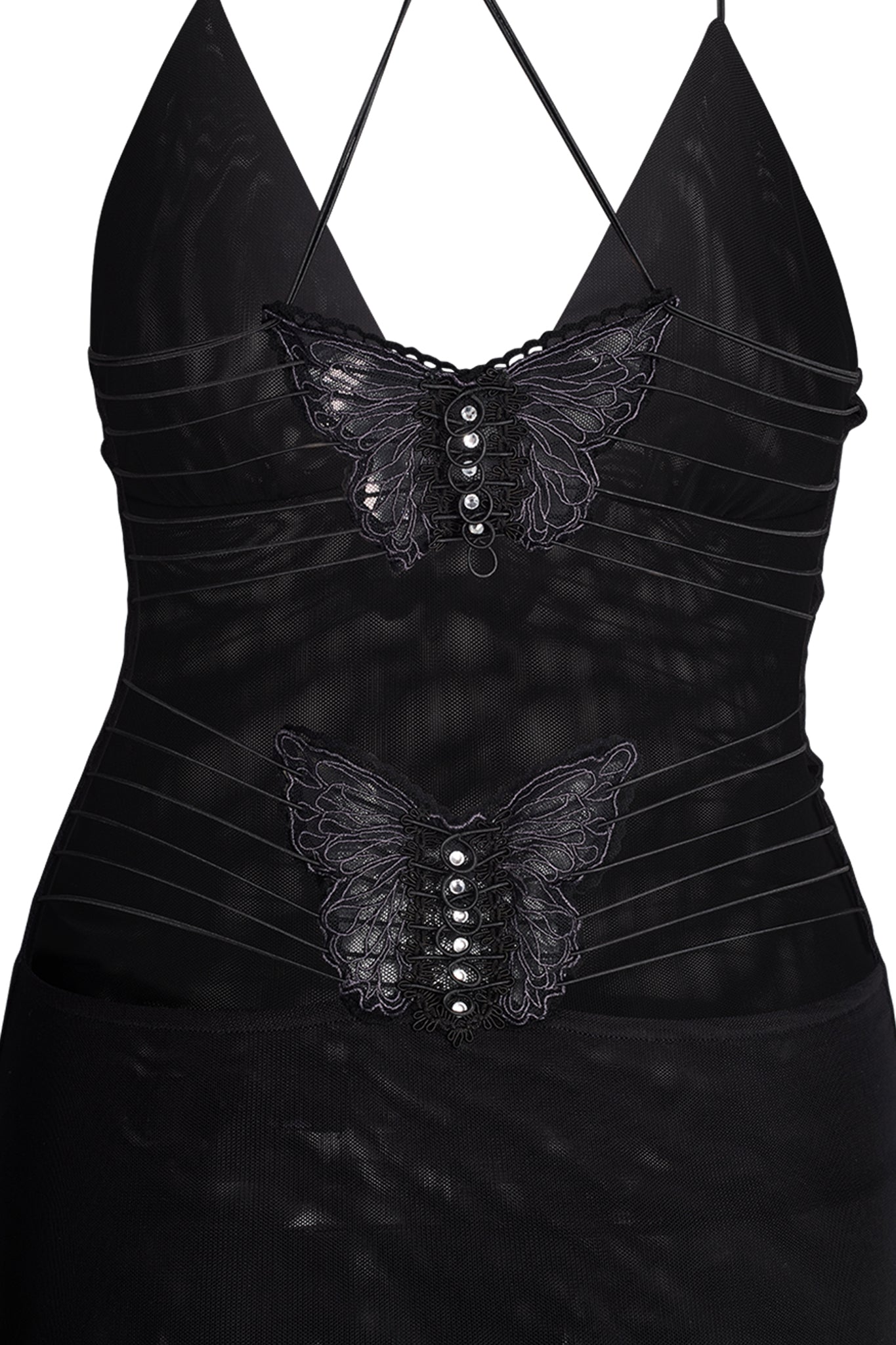 I.AM.GIA's Ellery Dress - Black is a sleeveless, halter strap dress adorned with two lace butterfly embellishments and bead accents on the chest and waist. The dress features a sheer, meshlike fabric overlay with horizontal stripes.