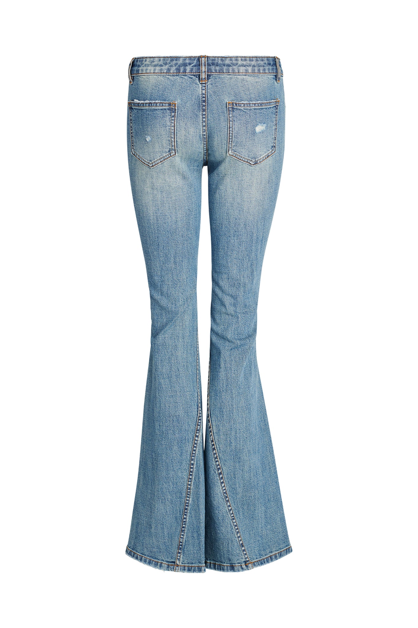 Back view of the MYLEE JEAN - BLUE : DENIM BLUE by I.AM.GIA. These light blue flared jeans feature two back pockets with distressed details and a washed-out appearance. Visible stitching lines on the seams and a slight fraying effect on the pockets complete the look.