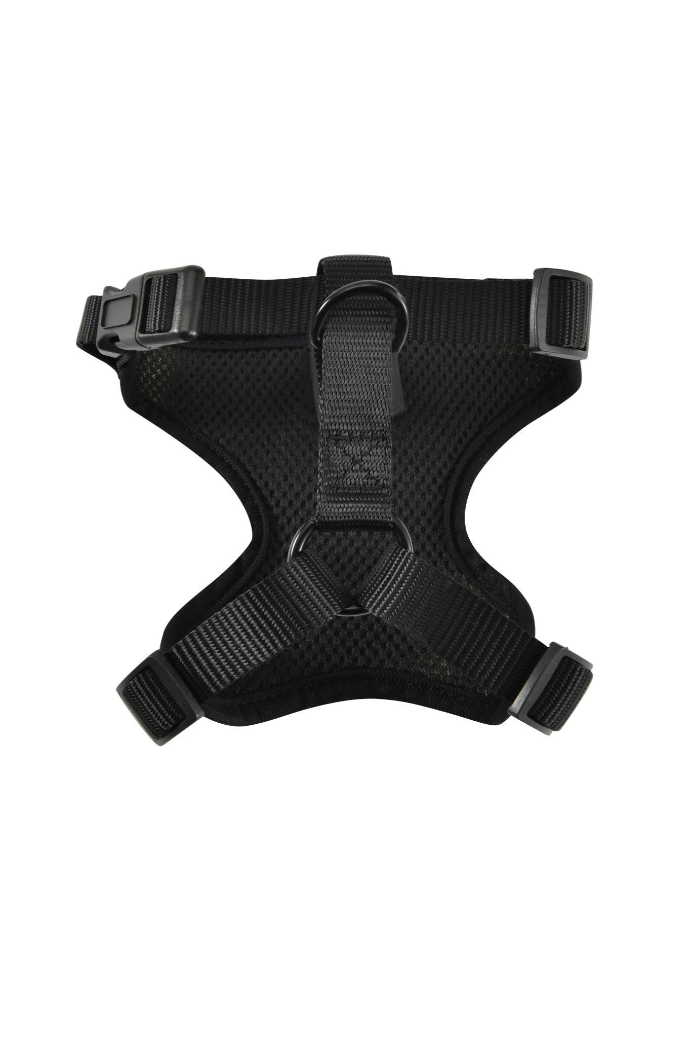 The I.AM.GIA STAR PAWFECT 3-PIECE SET - FINE LINE ZEBRA is a stylish black adjustable pet harness featuring two metal D-rings and four plastic buckles for securing a leash to your dog or cat. Shown here laid flat on a white background, the zebra-design harness combines both fashion and functionality.