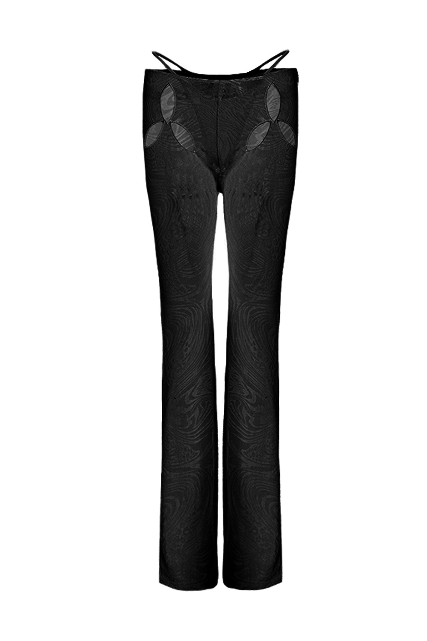 A pair of sleek AMINA PANT - BLACK BURNOUT from I.AM.GIA, featuring a subtle and intricate swirl pattern throughout. Unique cut-out details with crisscrossing straps near the waistband add flair to the slightly flared silhouette at the bottom.