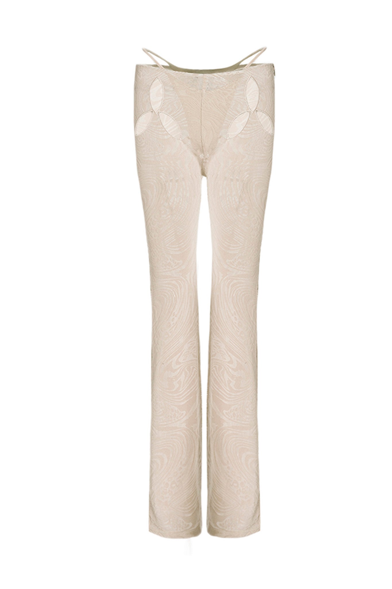 The AMINA PANT - TAN BURNOUT by I.AM.GIA showcases a unique pattern and cut-out detailing near the waist, adding a stylish and modern touch. The lightweight fabric features a subtle swirling design.