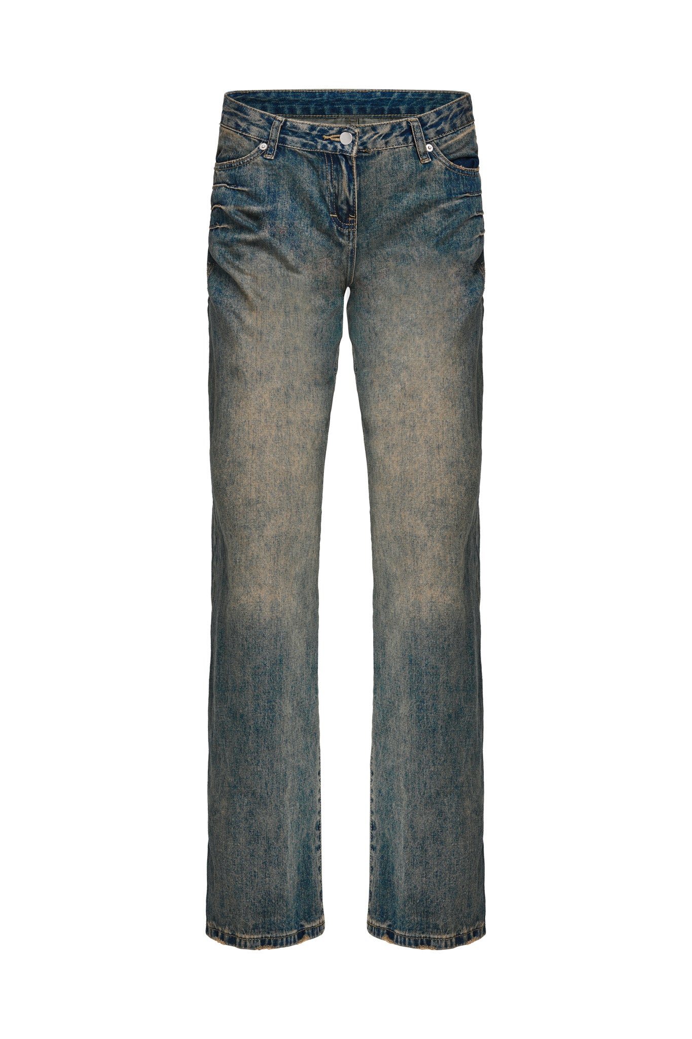 A pair of DYLAN JEAN - BLUE DENIM by I.AM.GIA with faint whiskering and fading on the thighs. These jeans feature a straight-leg cut, five-pocket design, and silver-tone button and rivets. The fabric has a slightly worn look with light fading, giving it a vintage appearance.