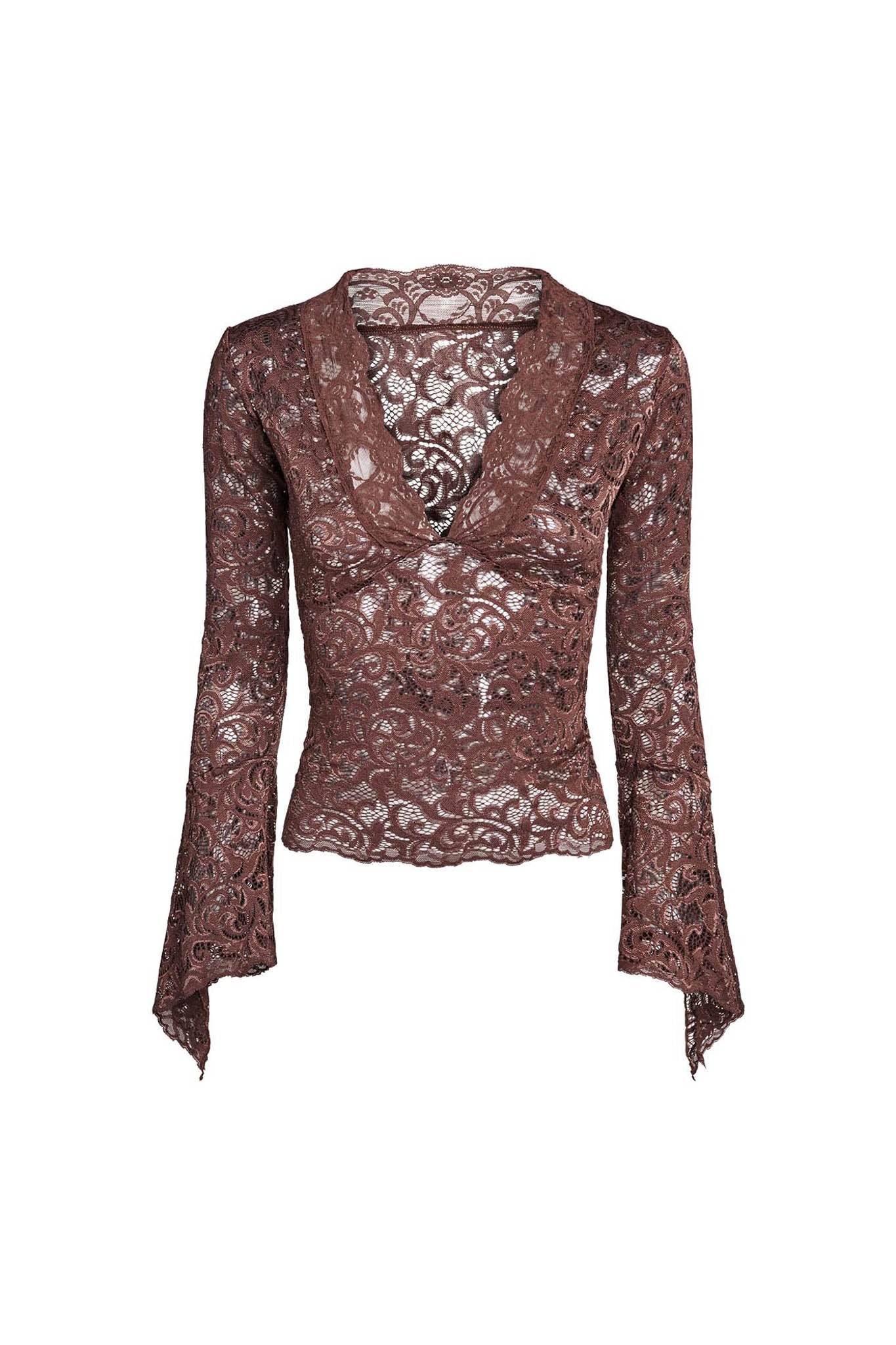 Introducing the GEMMA TOP - NEUTRAL : CHOCOLATE by I.AM.GIA, a sheer long-sleeved lace top in dark brown. It features a deep V-neckline with scalloped edges on the cuffs and hem. The intricate floral pattern of the fabric lends an elegant and delicate appearance to this stunning piece.
