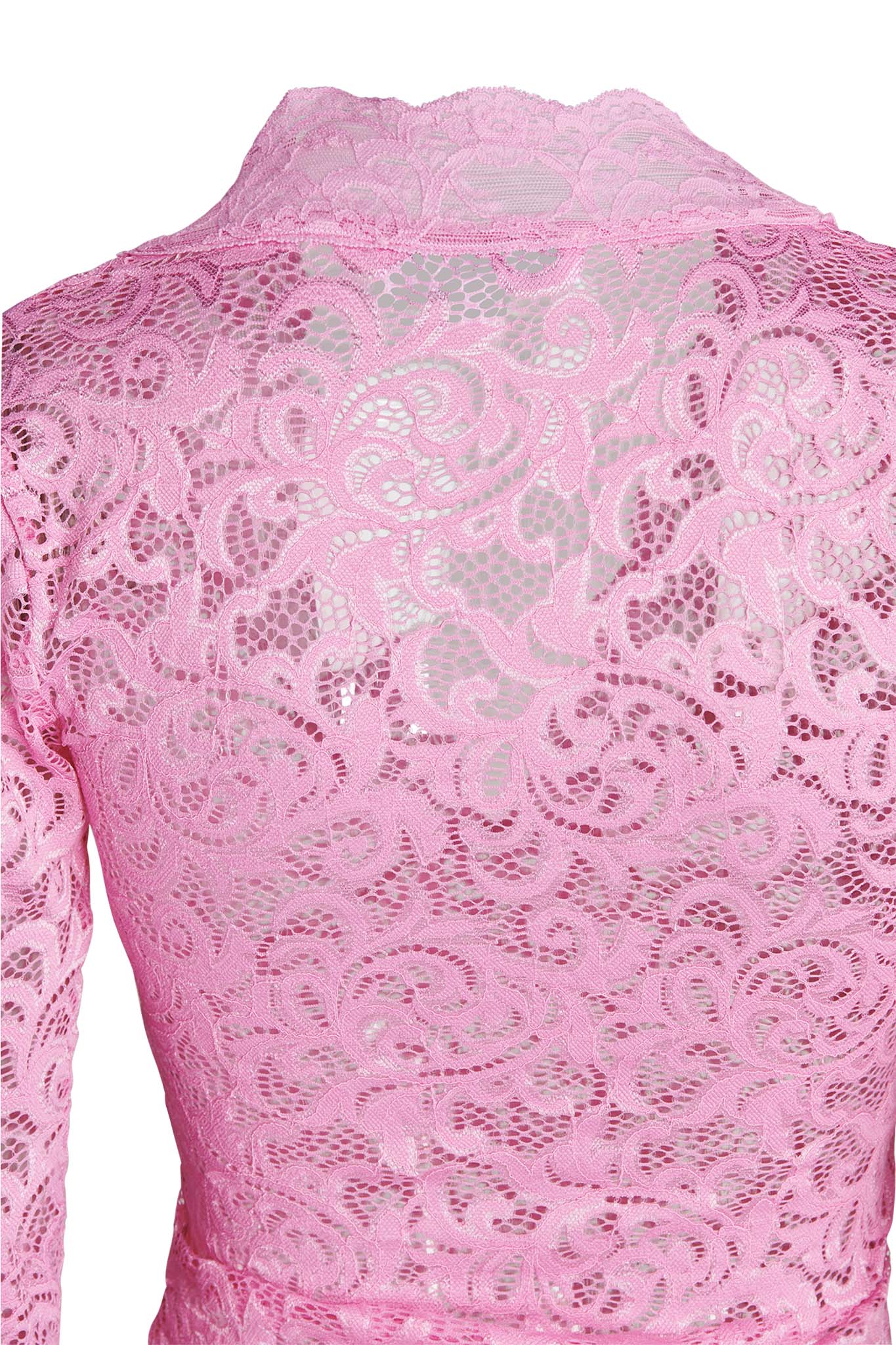 The image showcases the back view of the GEMMA TOP - PINK from I.AM.GIA, crafted from pink lace fabric. The lace features intricate, swirling floral patterns and a sheer, delicate texture. The form-fitting top appears to have long sleeves.