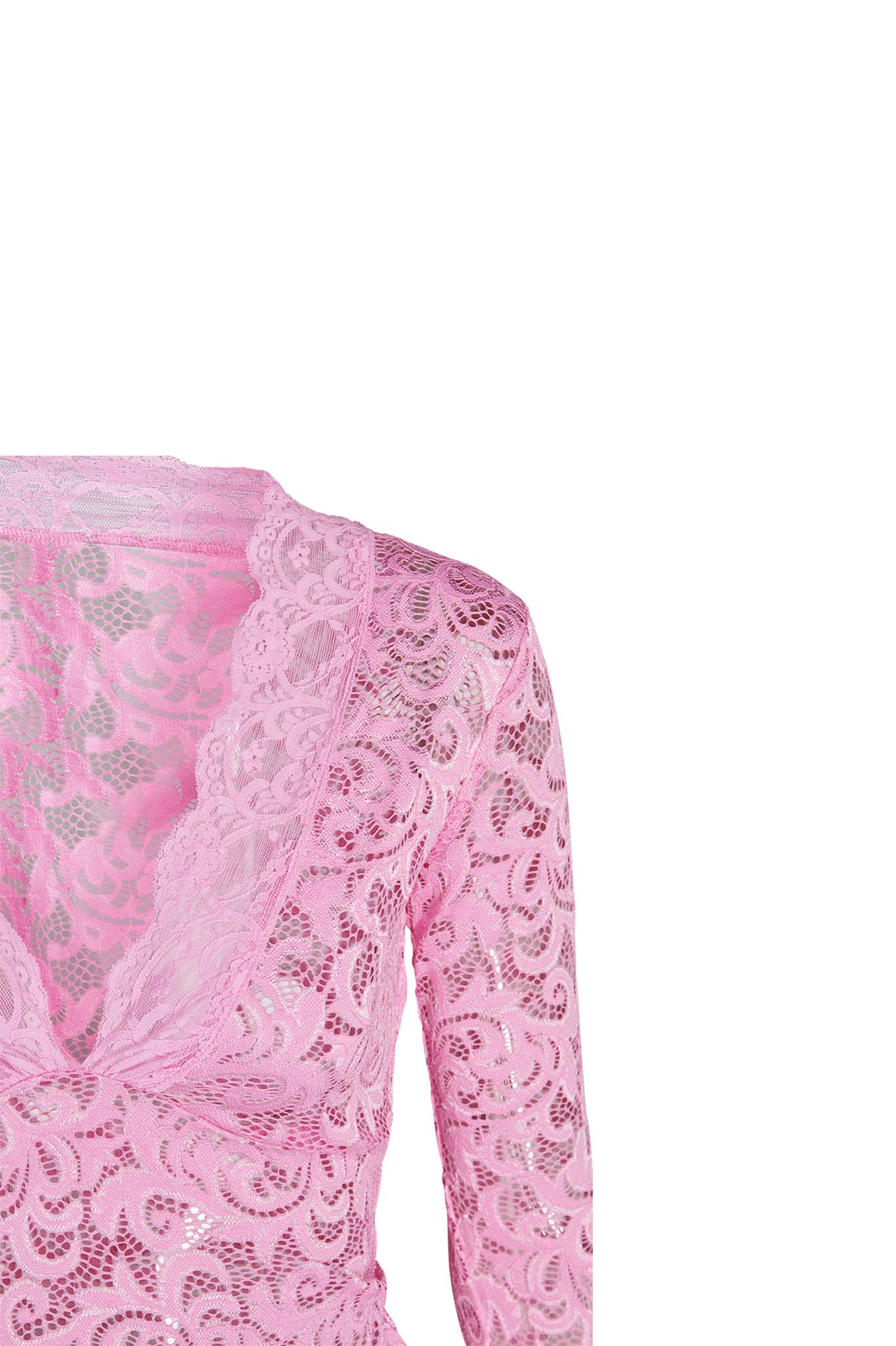 A close-up image of the GEMMA TOP - PINK by I.AM.GIA, showcasing a pink lace long-sleeve garment against a white background. The intricate floral pattern on the fabric is complemented by a V-neckline accented with a scalloped lace edge. The image highlights only the upper torso and sleeve.