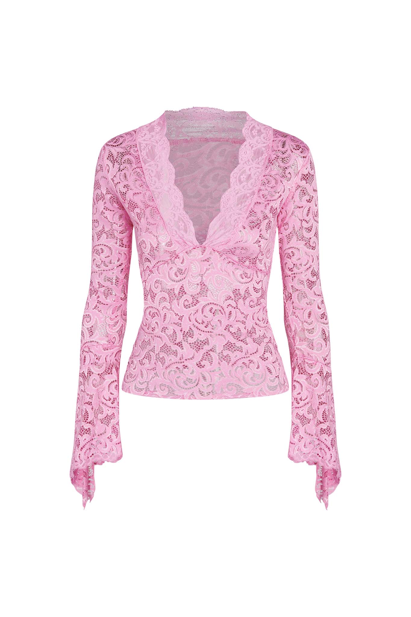 The GEMMA TOP - PINK from I.AM.GIA is a lace long-sleeved blouse featuring a deep V-neckline and flared cuffs. The fabric boasts an ornate floral pattern, and the fitted design highlights a stylish and romantic look.