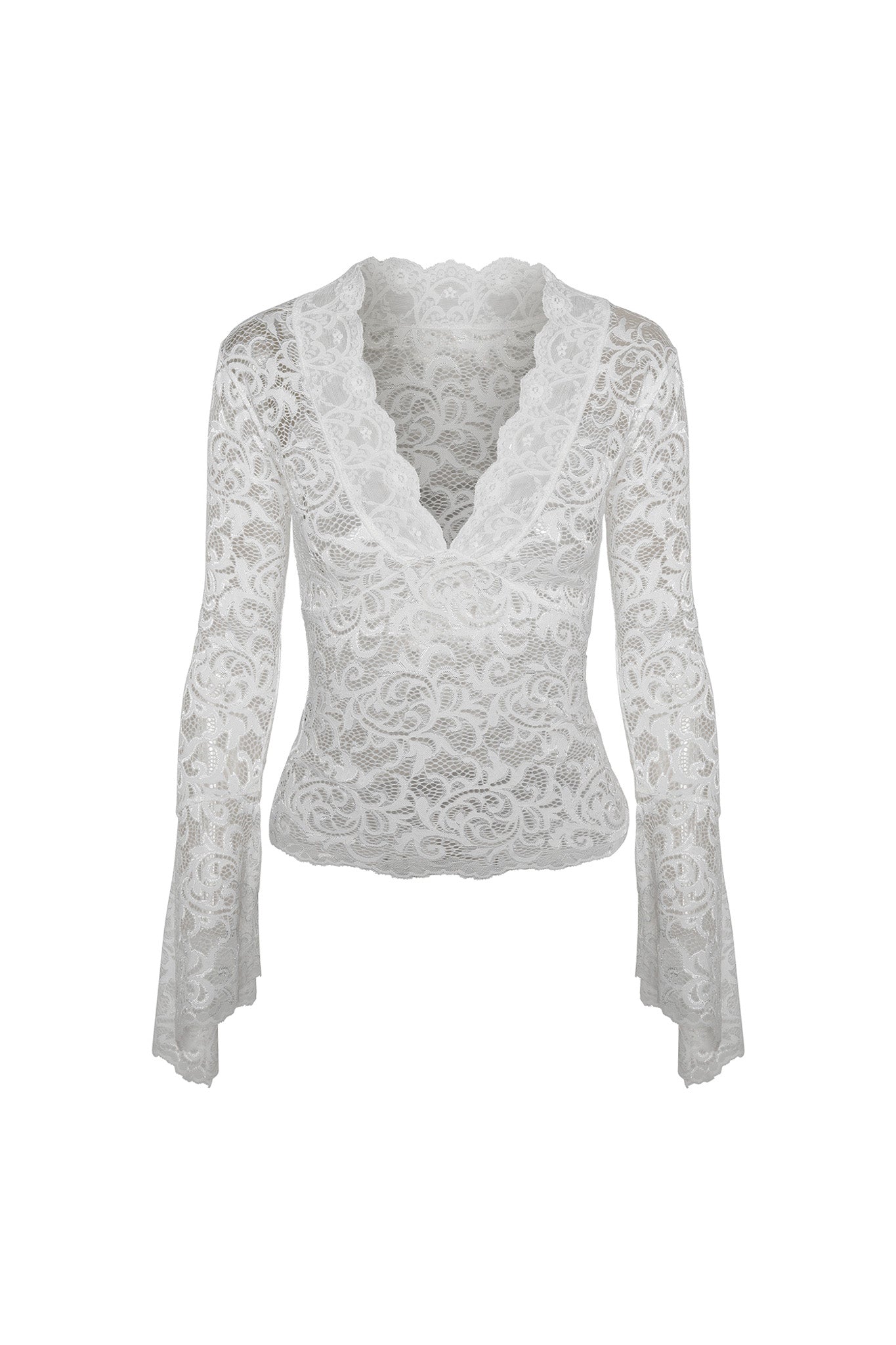 The GEMMA TOP - WHITE from I.AM.GIA is a stunning white lace blouse with long, bell sleeves. It showcases a deep V-neckline adorned with scalloped edges and intricate floral patterns throughout the fabric. The hem is also scalloped, adding a delicate touch to the overall design.