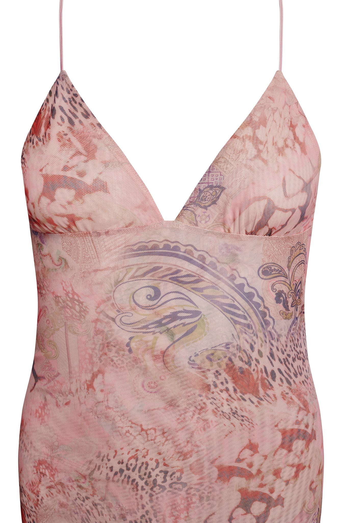 A close-up view of the ELLERY DRESS - PINK : FLORA PAISLEY by I.AM.GIA, showcasing its sleeveless, V-neck design with thin straps in a sheer pink fabric. The dress features an intricate, abstract pattern with swirls, floral designs, and hints of animal print.