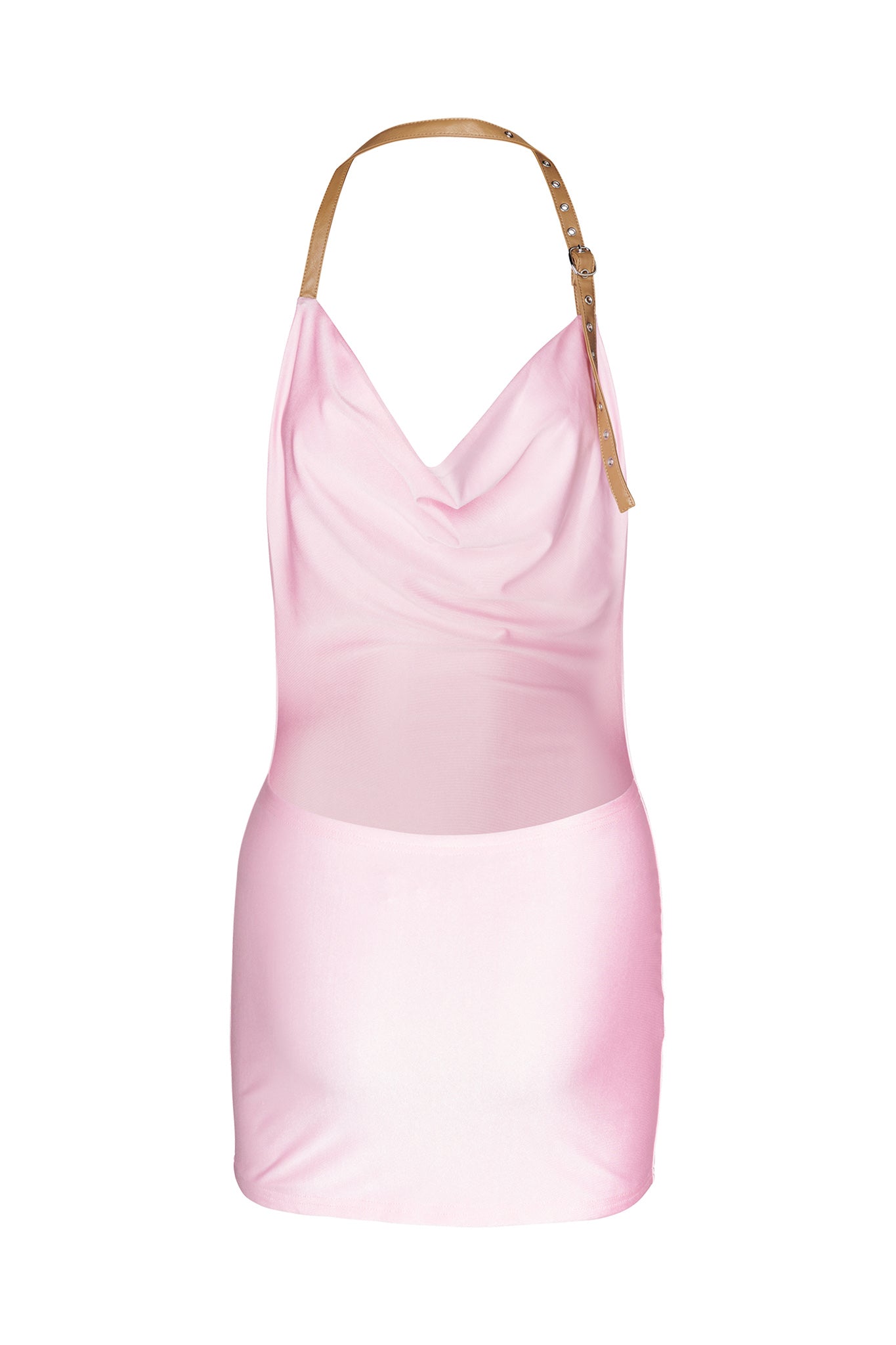 A MAIRE DRESS by I.AM.GIA in baby pink, featuring a satin halter neck design with a tan adjustable strap on one shoulder. It has a draped neckline and a form-fitting silhouette, complemented by its slight sheen that suggests smooth and luxurious fabric.
