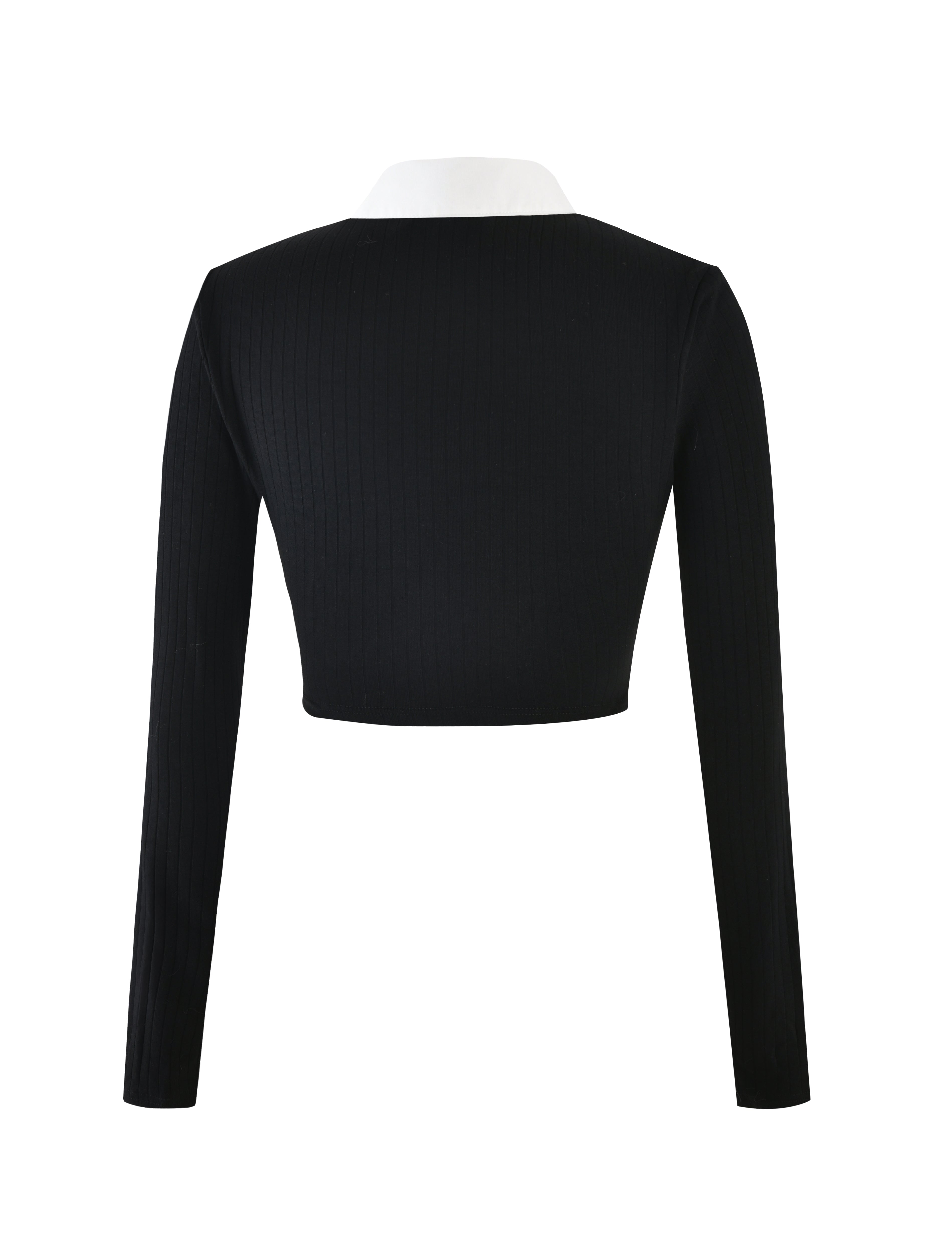 The LANDON TOP - BLACK by I.AM.GIA features a simple, fitted silhouette that perfectly captures the brand's edgy yet chic aesthetic. This long-sleeve crop top, shown from the back, showcases a ribbed fabric with a slight texture and is adorned with a white Peter Pan collar.