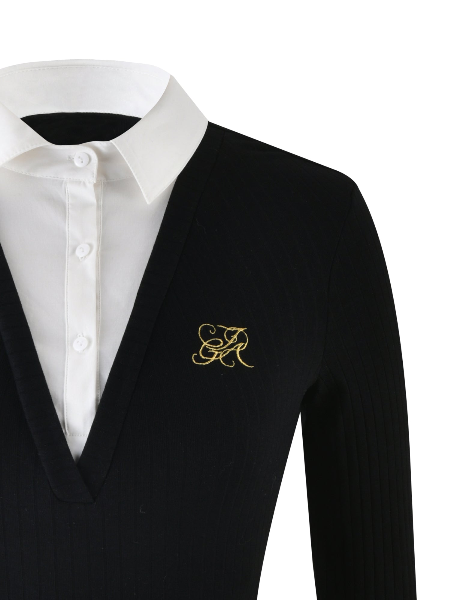 A close-up shot of the LANDON TOP - BLACK by I.AM.GIA, showcasing its black long sleeves, white collar, button-down placket, and a gold embroidered monogram on the chest area.