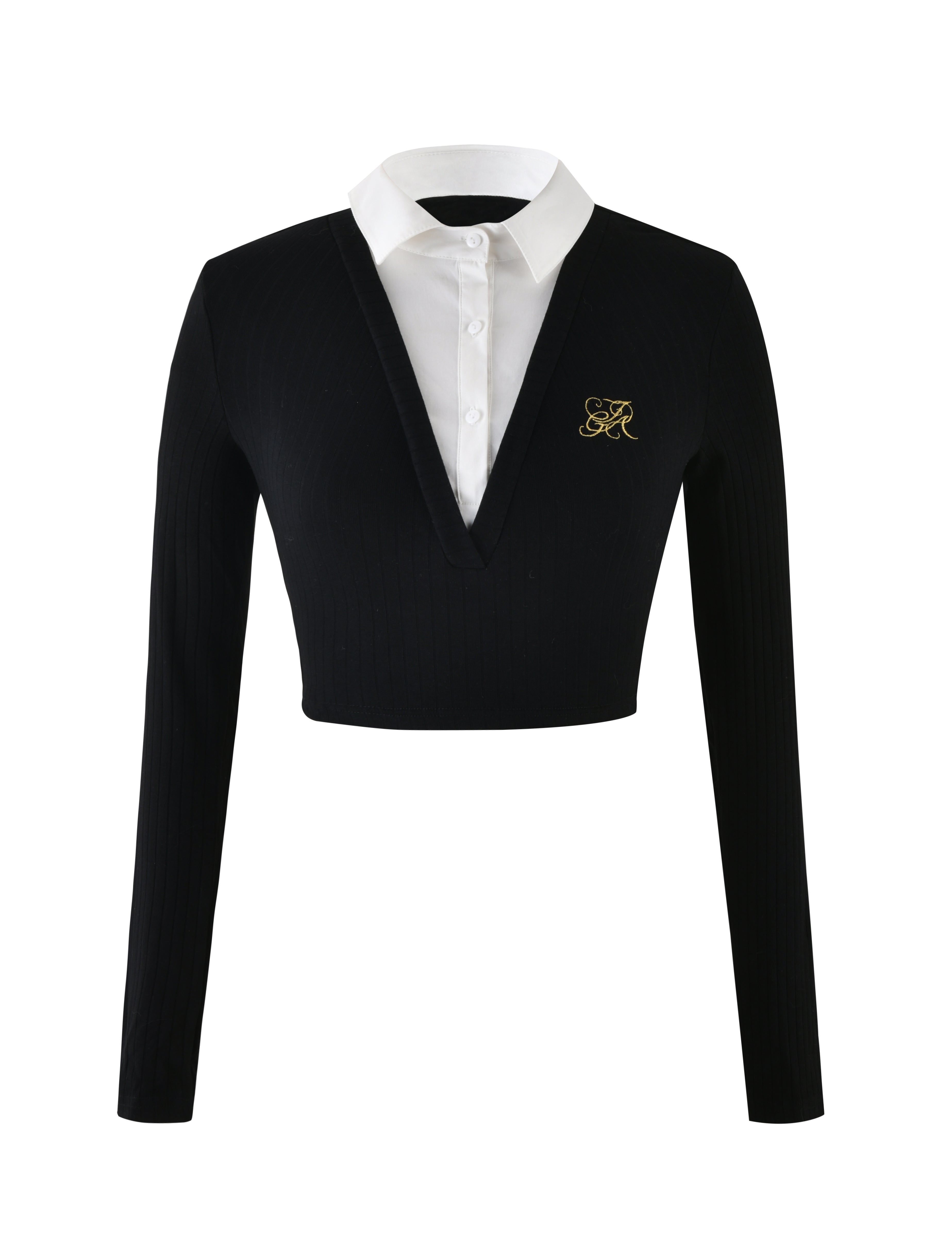 A black, long-sleeve, v-neck "LANDON TOP" from I.AM.GIA, featuring a cropped design with a visible white collared shirt underneath and an embroidered gold letter "K" on the left chest area.