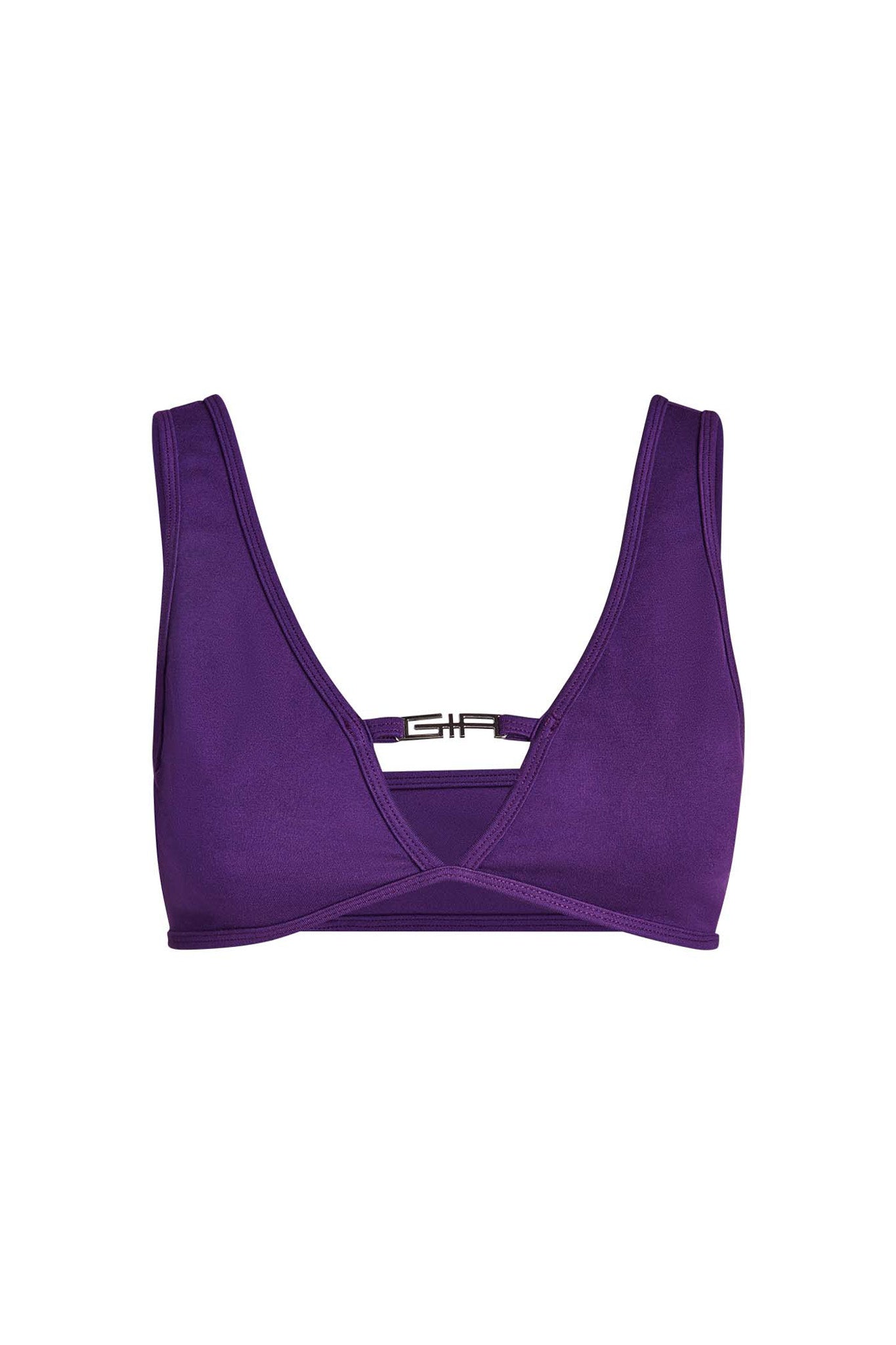 Introducing the LUCID TOP - PURPLE by I.AM.GIA: This stunning bikini top features a sophisticated deep V-neckline and wide shoulder straps. It is secured with a metallic clasp at the back, showcasing a minimalist, sleek design. The smooth fabric has a subtle sheen, perfectly capturing the signature style of I.AM.GIA.