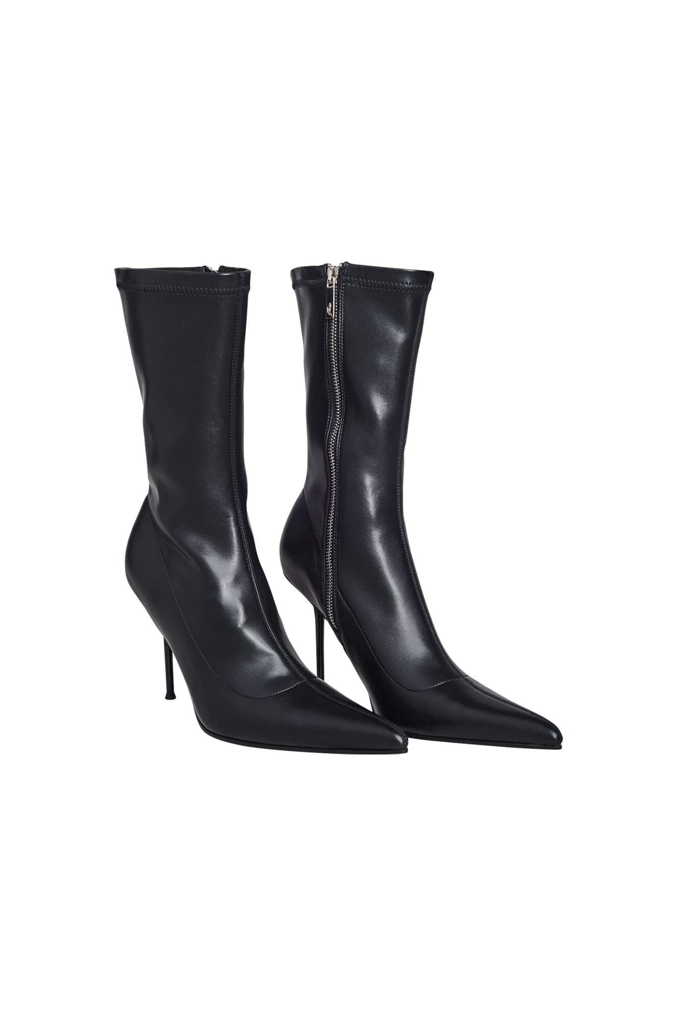 The YANA BOOT - BLACK by I.AM.GIA is a pair of high-heeled, knee-high boots that feature a sleek, pointed toe design and a convenient inner side zipper for closure. Made from shiny leather material, they are displayed elegantly against a white background.