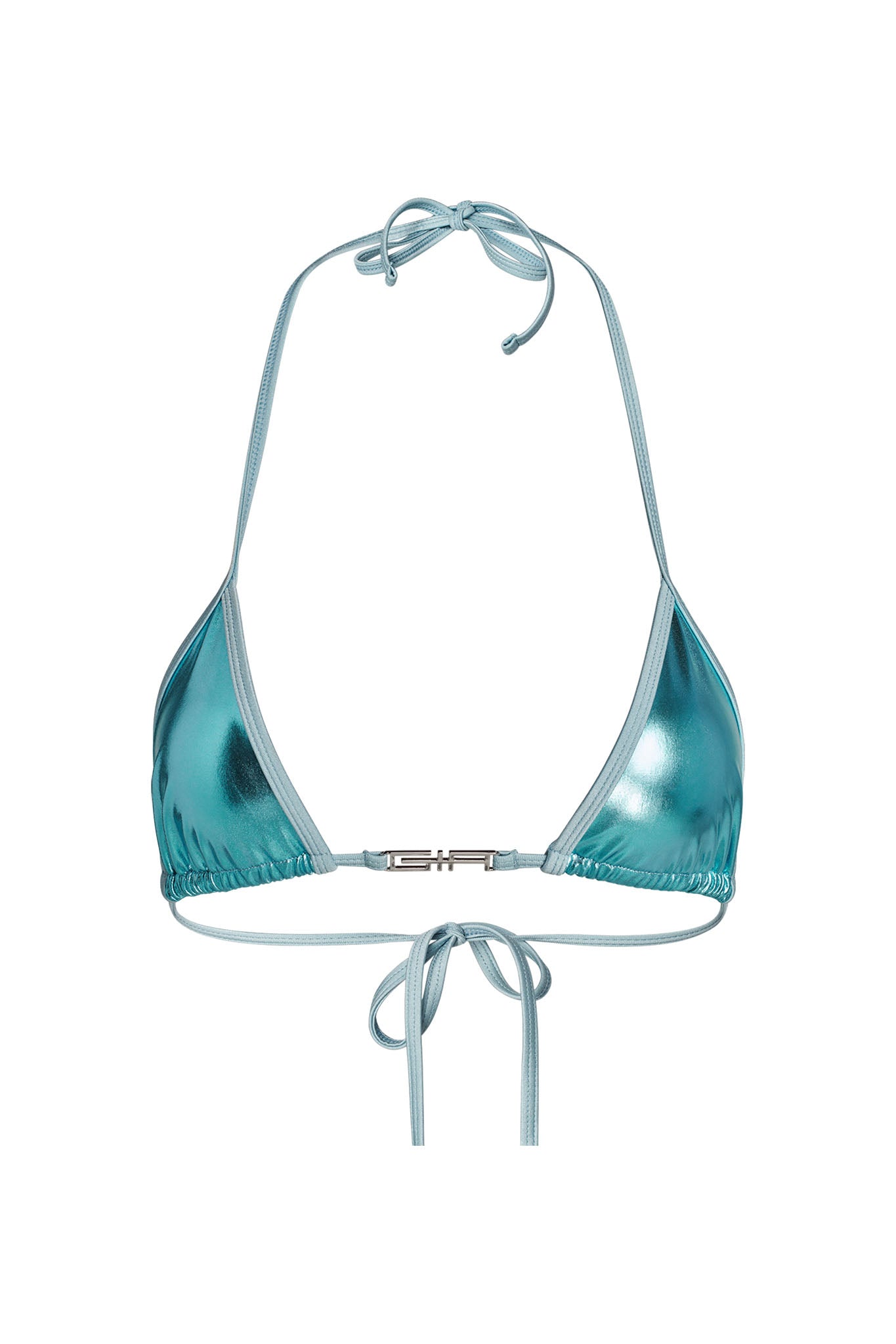 An I.AM.GIA "ALOHI BIKINI TOP - BLUE" in aqua blue with a metallic triangle design featuring thin straps that tie at the back and behind the neck. The fabric has a shiny, reflective finish and includes a small metal clasp in the front center.