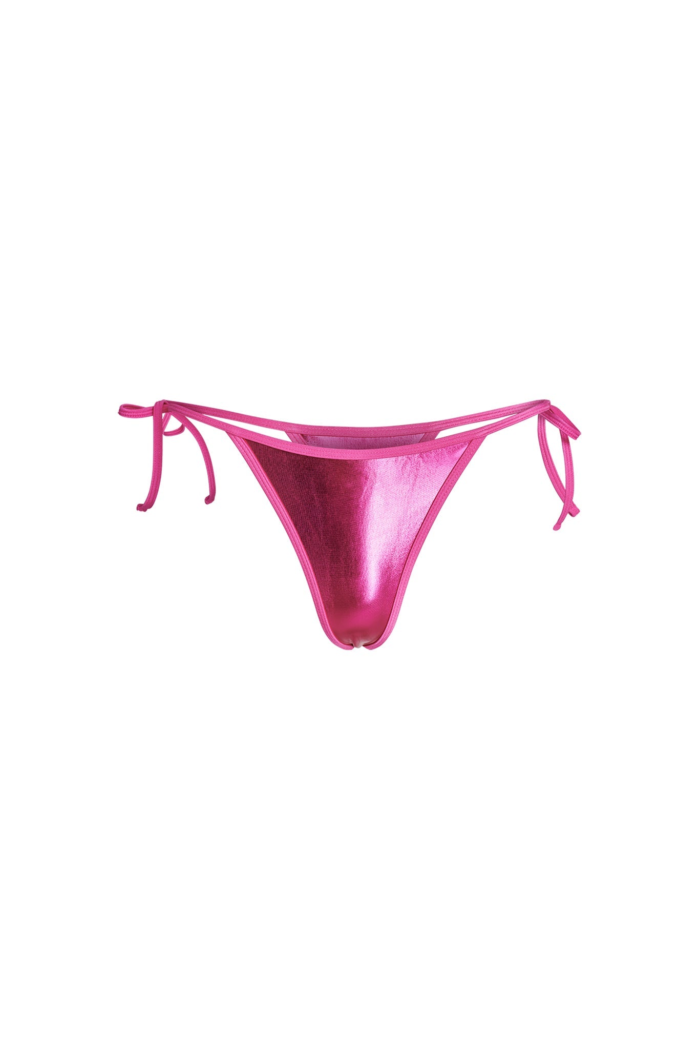 The Alohi Bikini Bottom in hot pink from I.AM.GIA features string ties on both sides and is designed for minimal coverage. The material has a reflective, metallic finish, giving it a shiny appearance. The bikini bottom is laid flat for display.