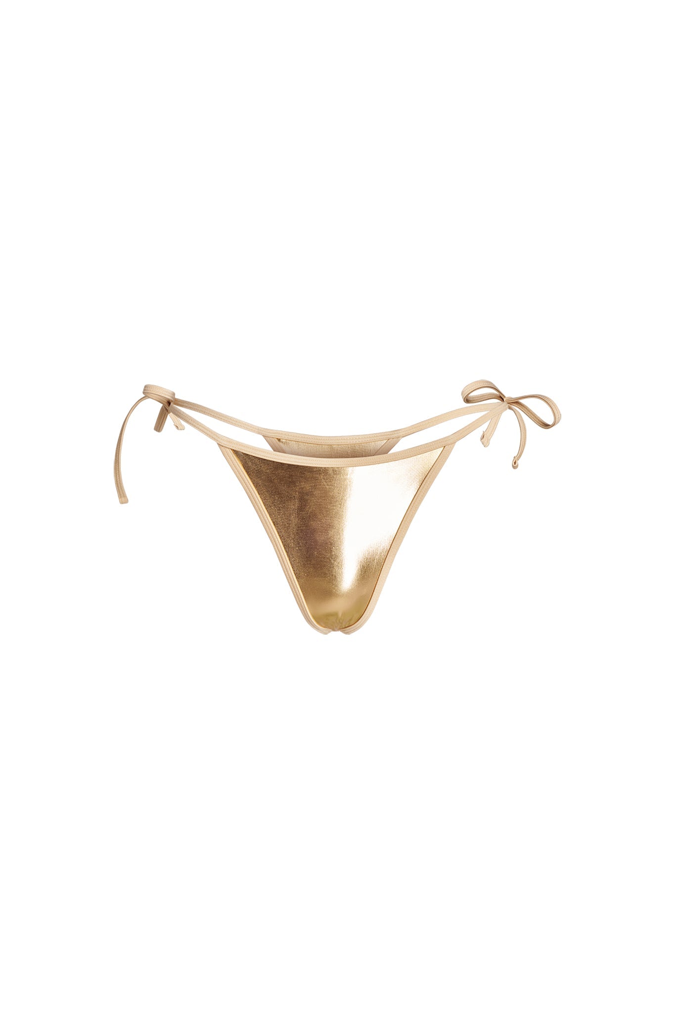 The ALOHI BIKINI BOTTOM - GOLD by I.AM.GIA features string ties on each side for adjustable sizing. This gold bikini bottom has a shiny, metallic finish and a minimal style that's perfect for swimwear.