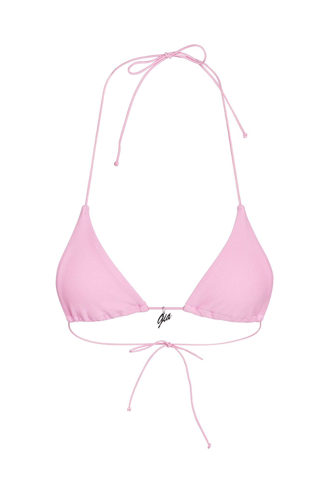 Image of the BAMBI BIKINI TOP - PINK : BUBBLEGUM featuring thin halter neck straps that tie at the back of the neck and a string tie closure at the back. The light pink triangle bikini top includes a small metal clasp in the center with "I.AM.GIA" written on it.