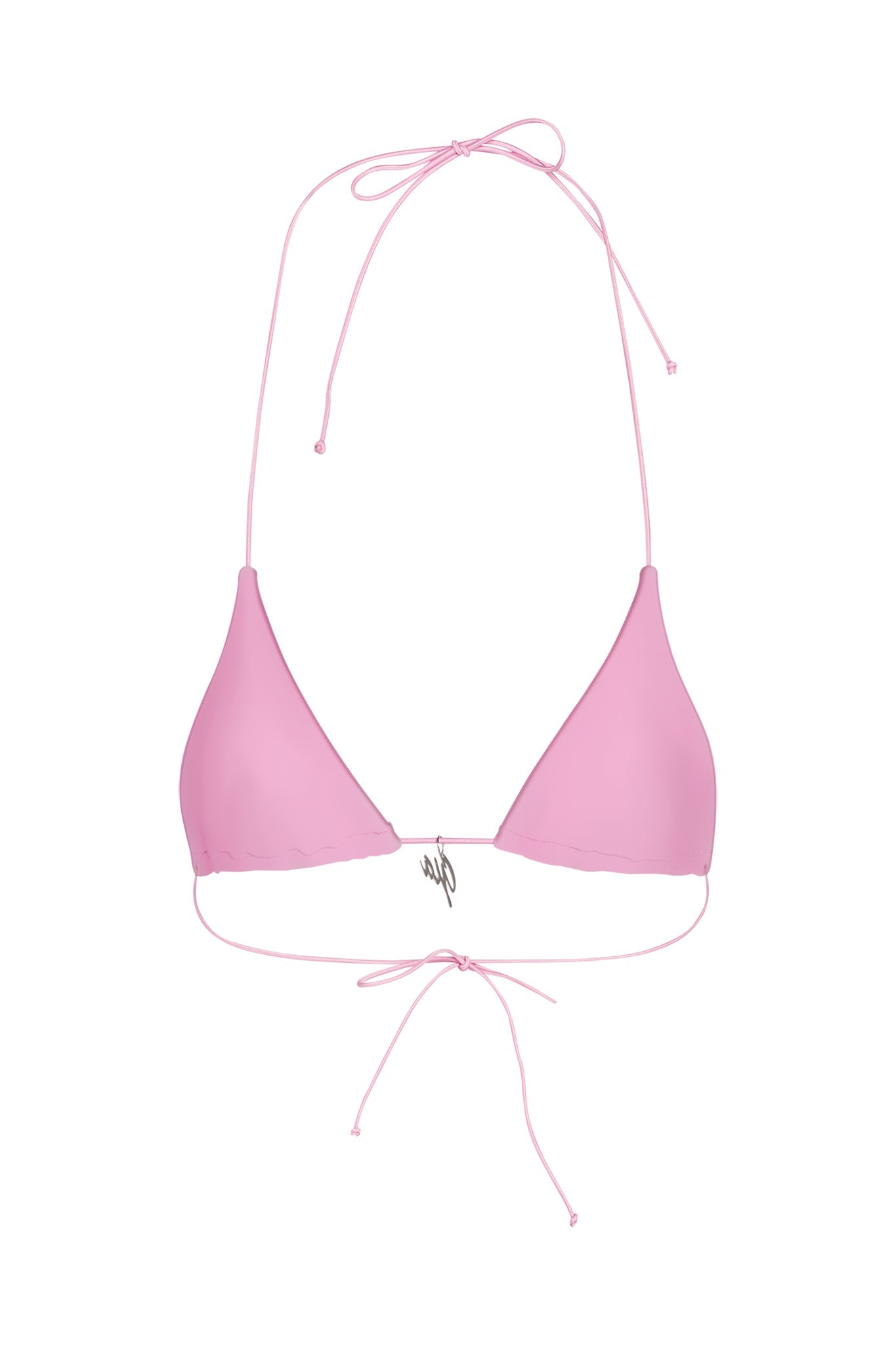 The BAMBI BIKINI TOP - PINK : BUBBLEGUM from I.AM.GIA is a chic, pink triangle bikini top with thin straps that tie around the neck and back. It features a small metallic accent in the center, linking the two cups. The plain white background keeps all attention on this stylish bikini top.