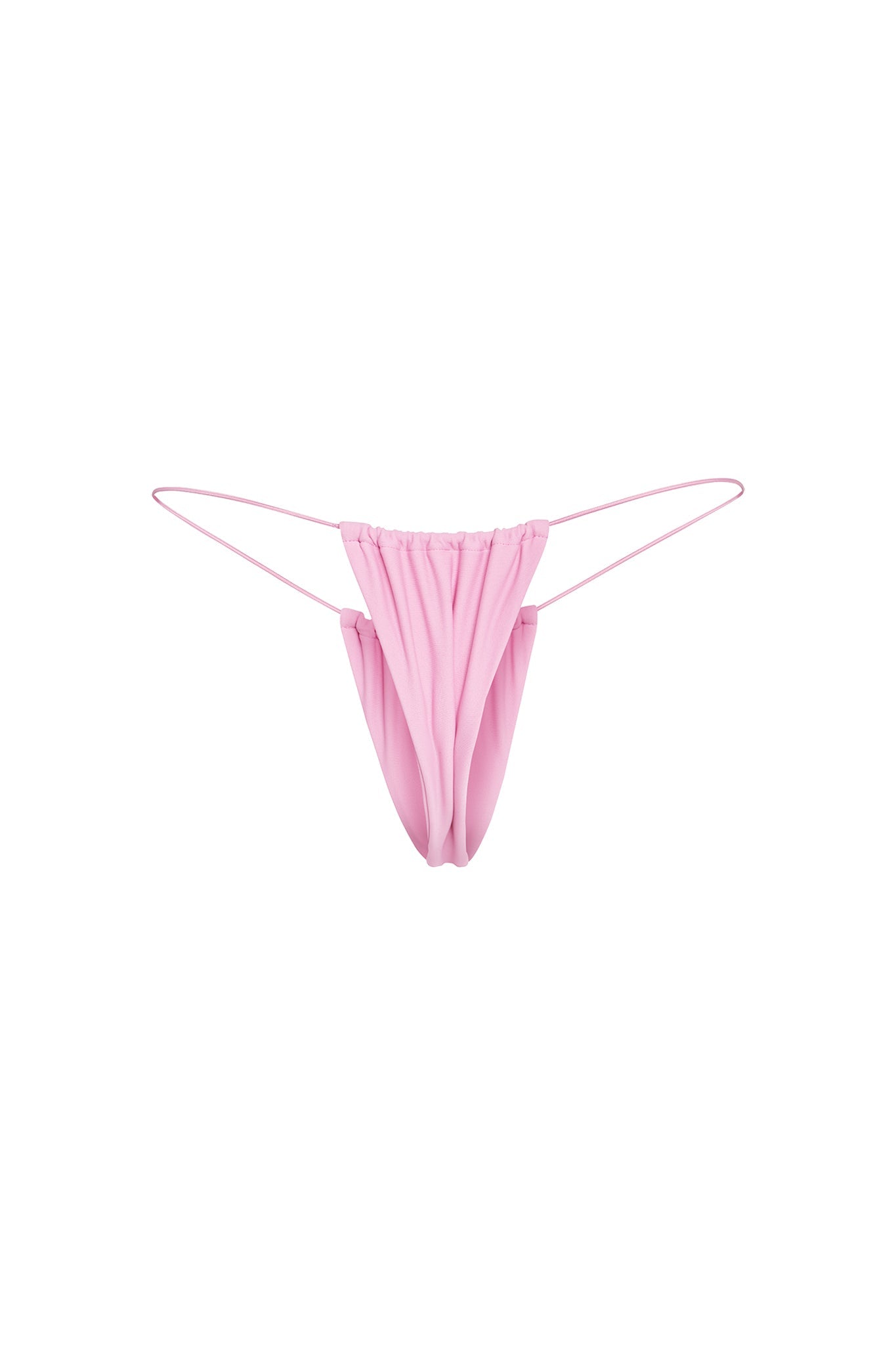 The Bambi Bikini Bottom in Bubblegum Pink from I.AM.GIA, featuring a ruched front and thin elastic side straps, displayed against a white background.