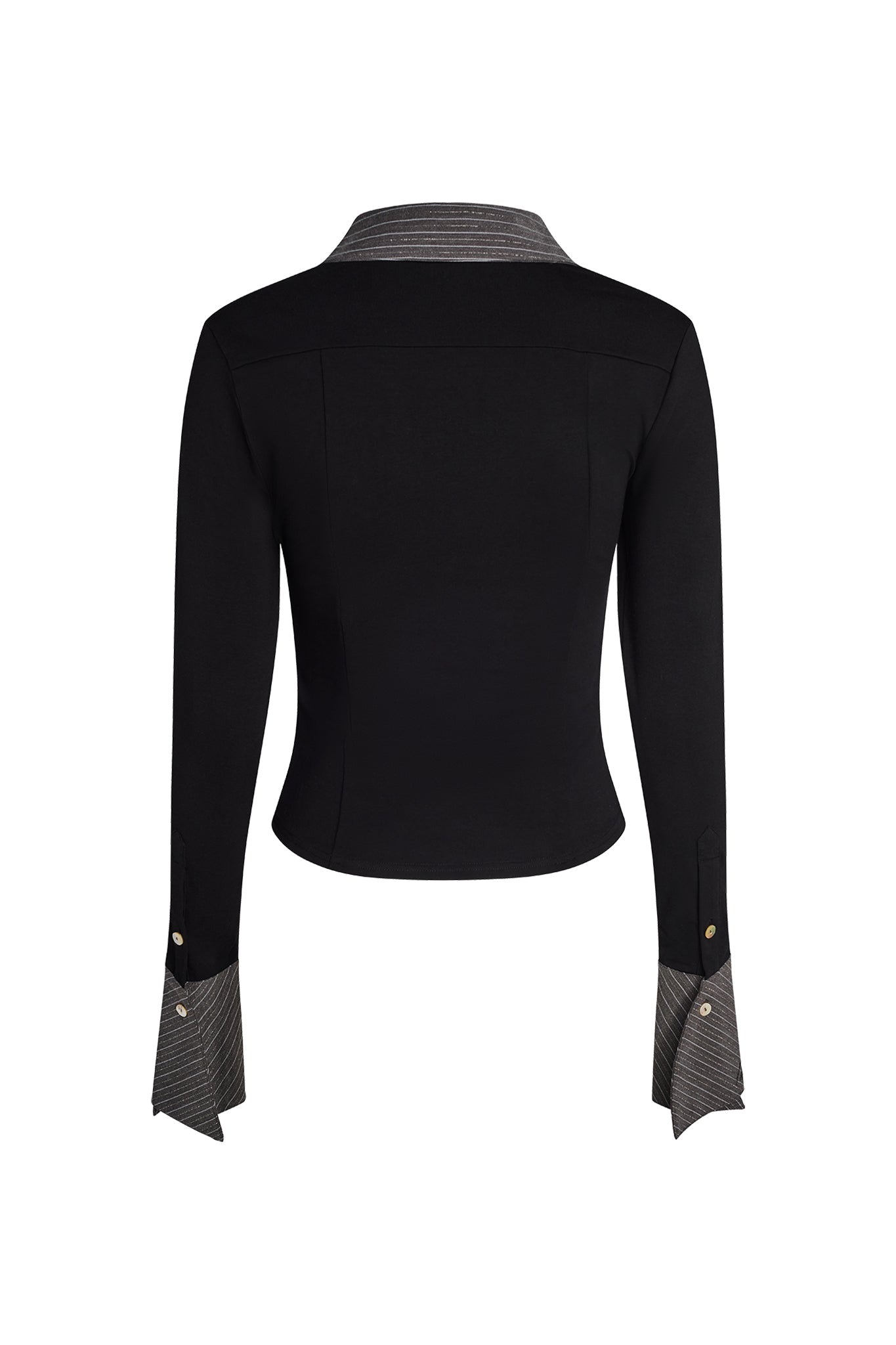 Rear view of the SHARAH TOP - BLACK : GREY, a long-sleeved I.AM.GIA women's blazer with a fitted silhouette and pinstriped cuffs and collar. The blazer features button details on the cuffs.