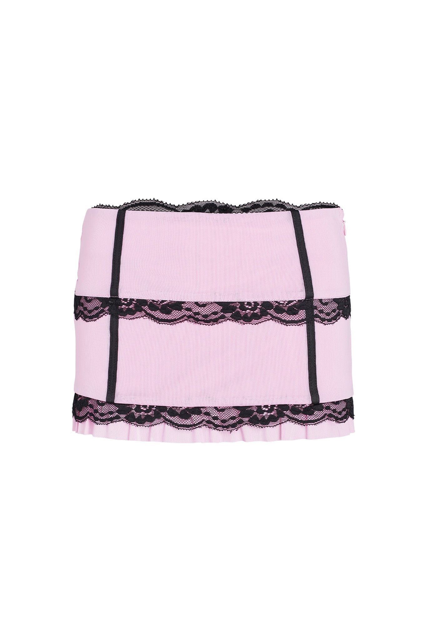 A pink skirt from I.AM.GIA, named the Sutra Skirt, is embellished with intricate black lace detailing. The vertical and horizontal black bands adorning the skirt are decorated with lace, and the bottom hem features a frilly lace edge, creating a delicate and stylish appearance.
