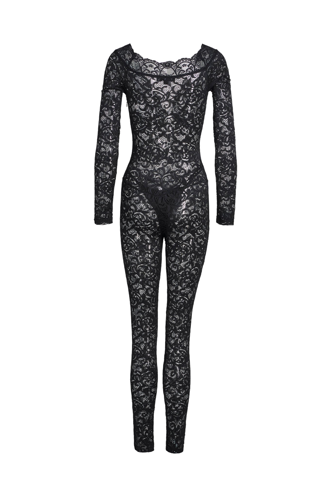 The GEMMA CATSUIT - BLACK from I.AM.GIA is showcased against a white background. This striking catsuit features a high neckline and long sleeves, with an intricate lace pattern that covers the entire garment, creating a see-through effect. The bodysuit extends to full-length legs, embodying the characteristic elegance of I.AM.GIA's designs.
