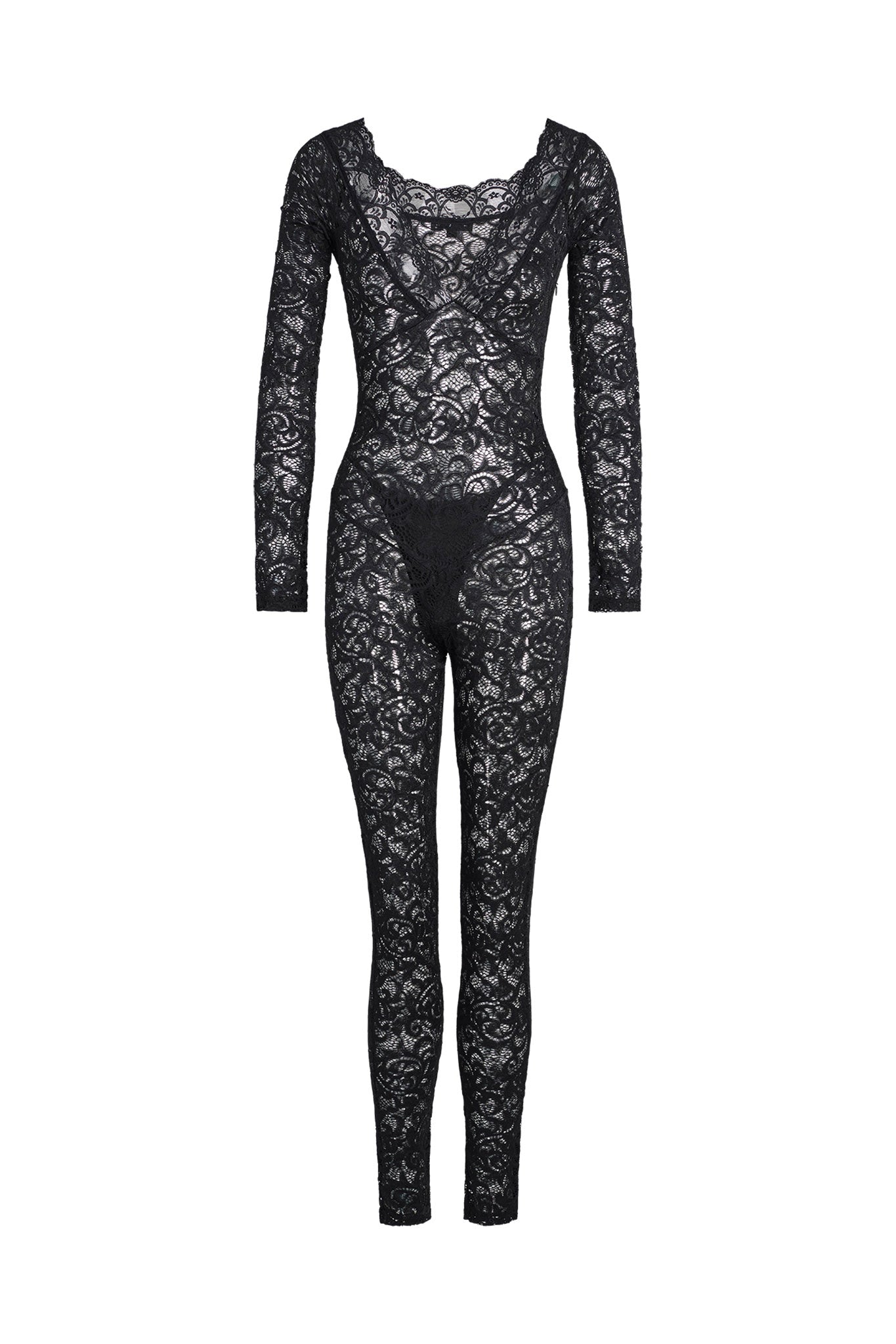 The GEMMA CATSUIT - BLACK from I.AM.GIA is a full-body, long-sleeve lace bodysuit featuring an intricate floral pattern. This form-fitting garment includes a low, rounded neckline and the legs are composed of the same translucent lace material, offering a sleek and elegant look.
