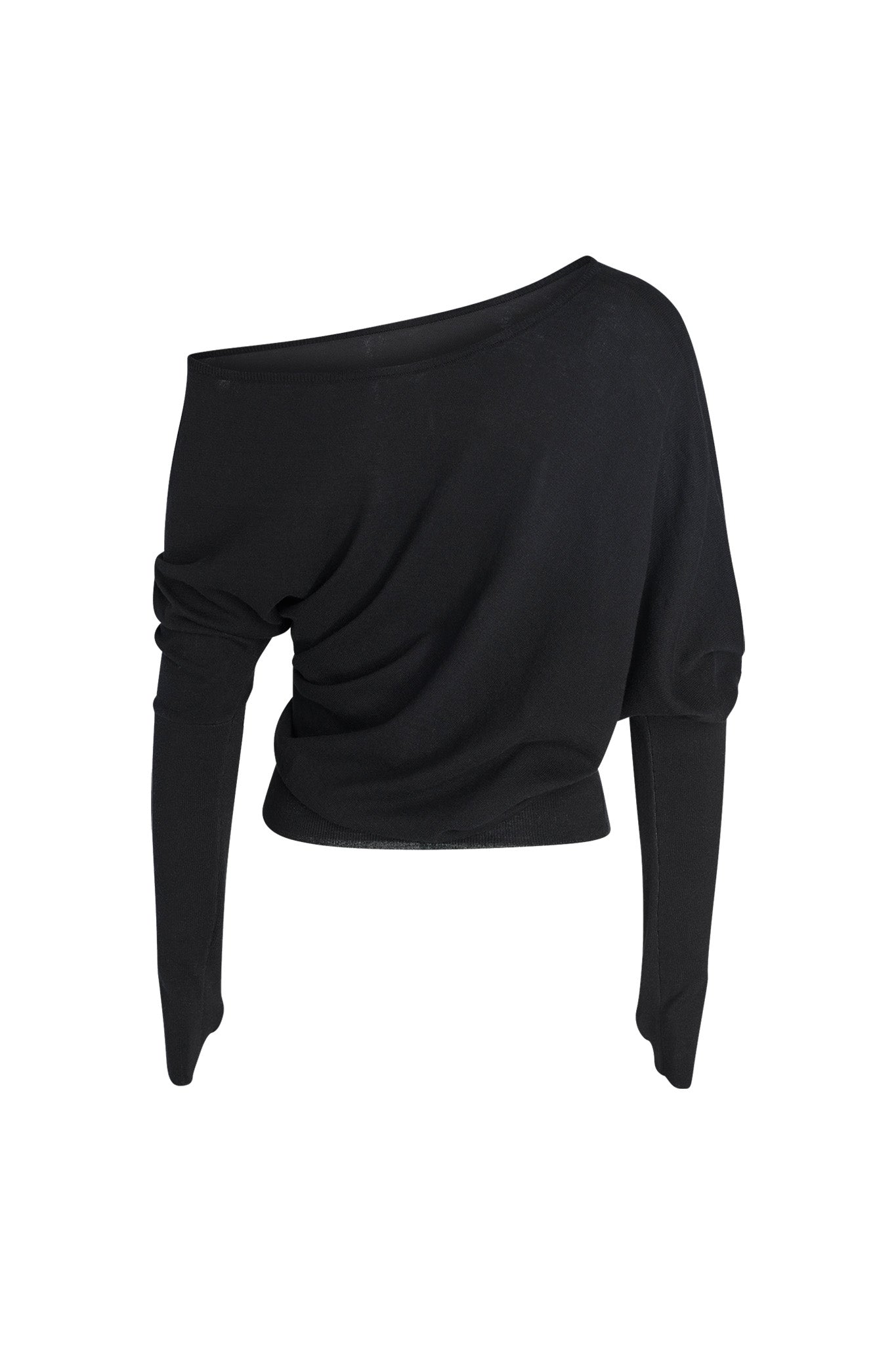 The GISELLE TOP - BLACK by I.AM.GIA is an off-the-shoulder, long-sleeve top featuring a loose fit and an asymmetrical neckline. The slightly ruched sleeves and gently draped fabric create a relaxed yet stylish look, making the design both simple and elegant.