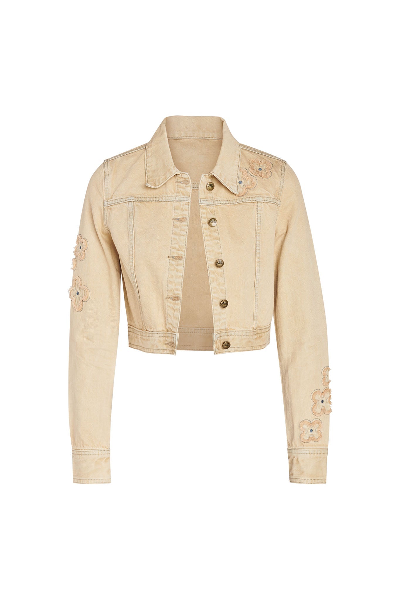 The FAUNA JACKET from I.AM.GIA is a light beige cropped denim jacket featuring long sleeves, two front pockets, and intricate floral embroidery on the shoulders and sleeves. It has a button-down front adorned with five metallic buttons.